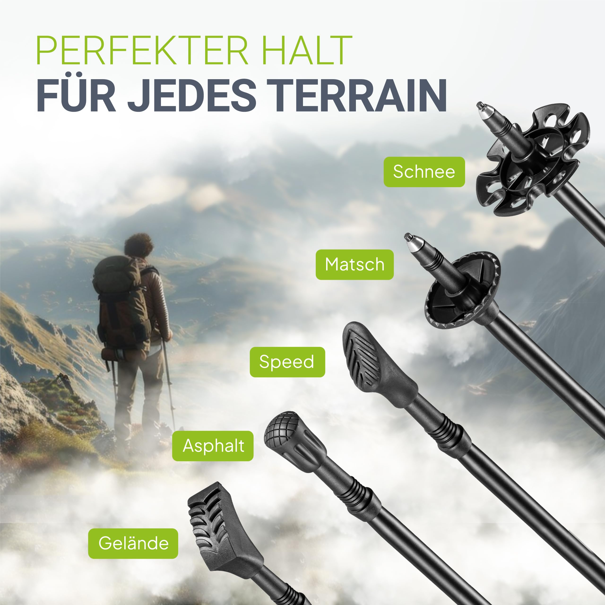 JUSKYS® Wanderstöcke - 2 Alu Teleskop Nordic Walking Stöcke, leicht & ausziehbar, Damen & Herren, mit Gummipuffer & Tasche, Kork Griff - Schwarz