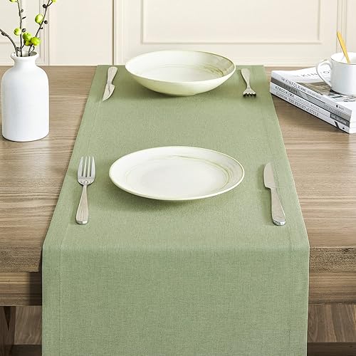 Miniatura 5 de ZeeMart Camino de mesa básico estilo lino, 14 x 108 pulgadas, color verde salvia, camino de mesa rústico de 108 pulgadas de largo, camino de mesa de