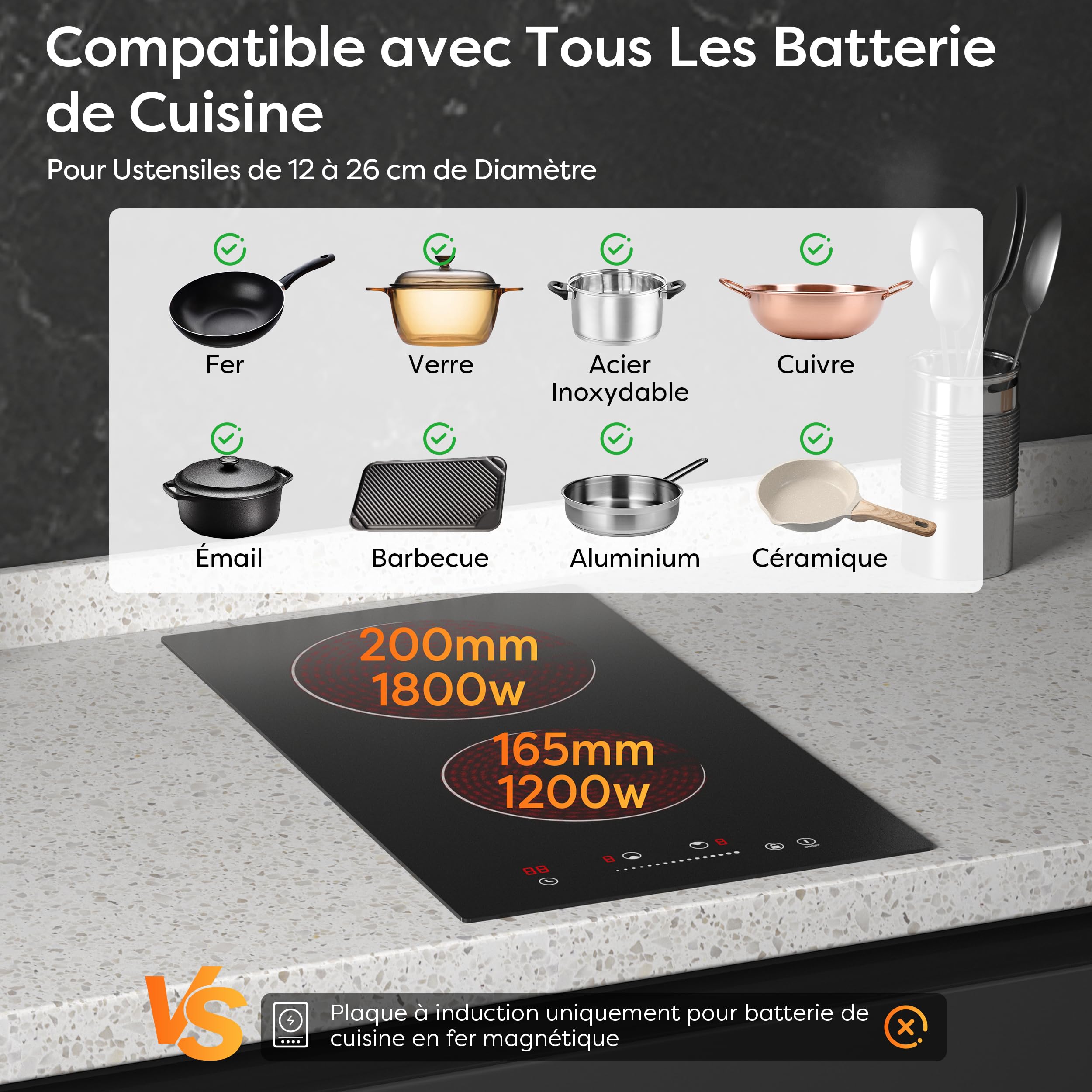 Plaque Vitrocéramique 2 Feux 3000W Encastrable 30CM 9 Niveaux Puissance Minuteur Verrou Sécurité