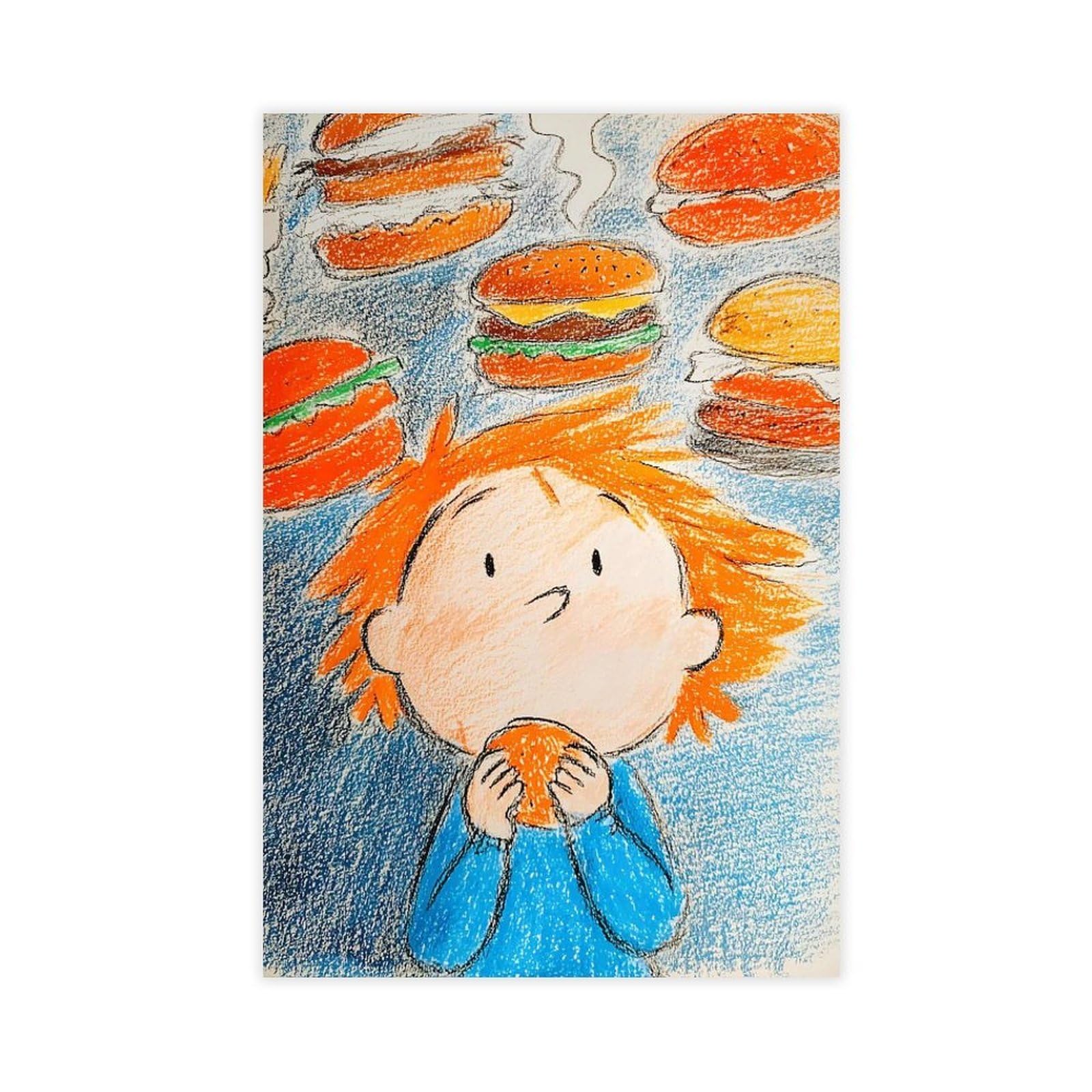 Ywtjax Unframe-Style Cartoon Child Holding Hamburger Poster Canvas Poster For Bedroom Decor Gift