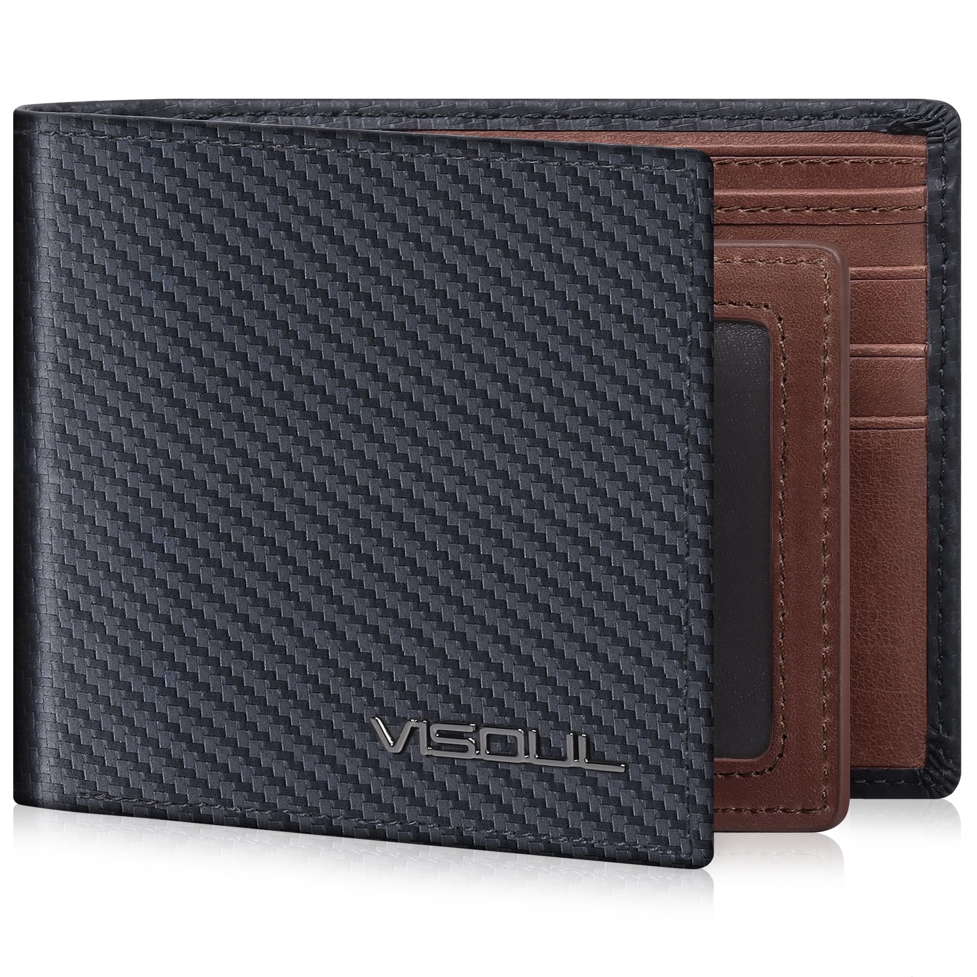 VISOUL Leather Mens Bifold RFID Blocking Wallet with 2 ID Windows, Leather Wallet for Men (Carbon Fiber, Black+Brown)