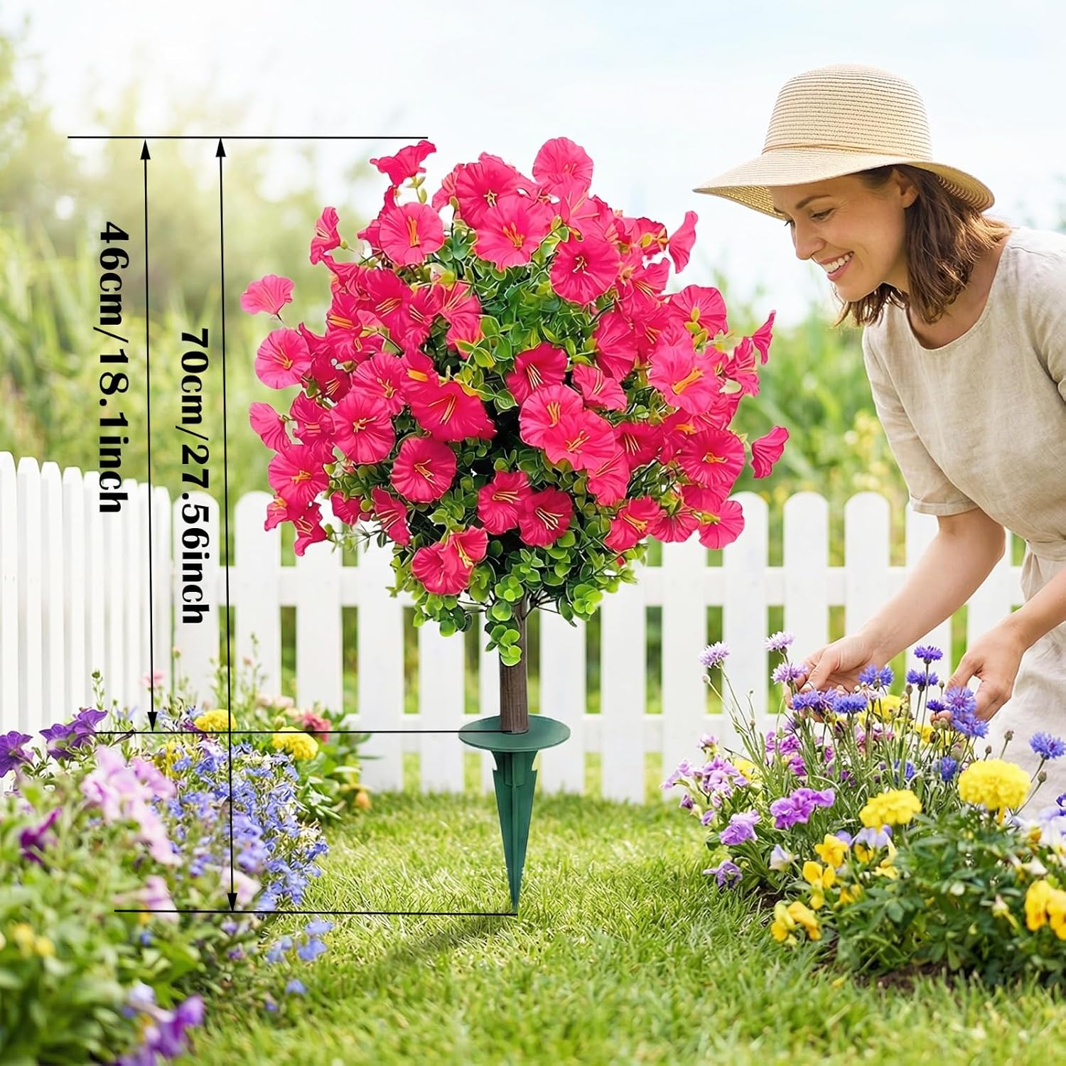 Outdoor Artificial Topiary Trees: 2-Pack Fake Bushes with UV Resistant Faux Petunia Ball & Ground Spike. Ideal for Artificial Bushes for Outdoors Use on Porch and Garden Decor(Rose Color)