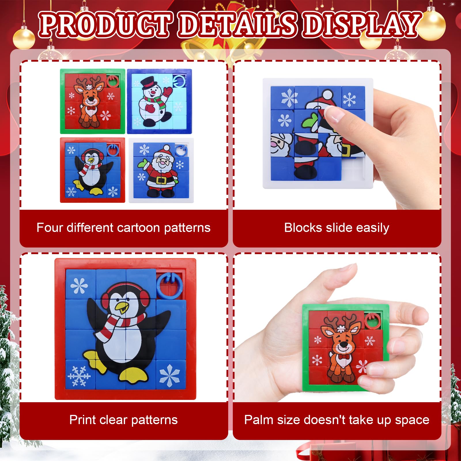 4 Schiebepuzzles Für Kinder – Weihnachtsmotive (Weihnachtsmann, Schneemann, Elch, Pinguin) Aus Kunststoff, 7x9 Cm