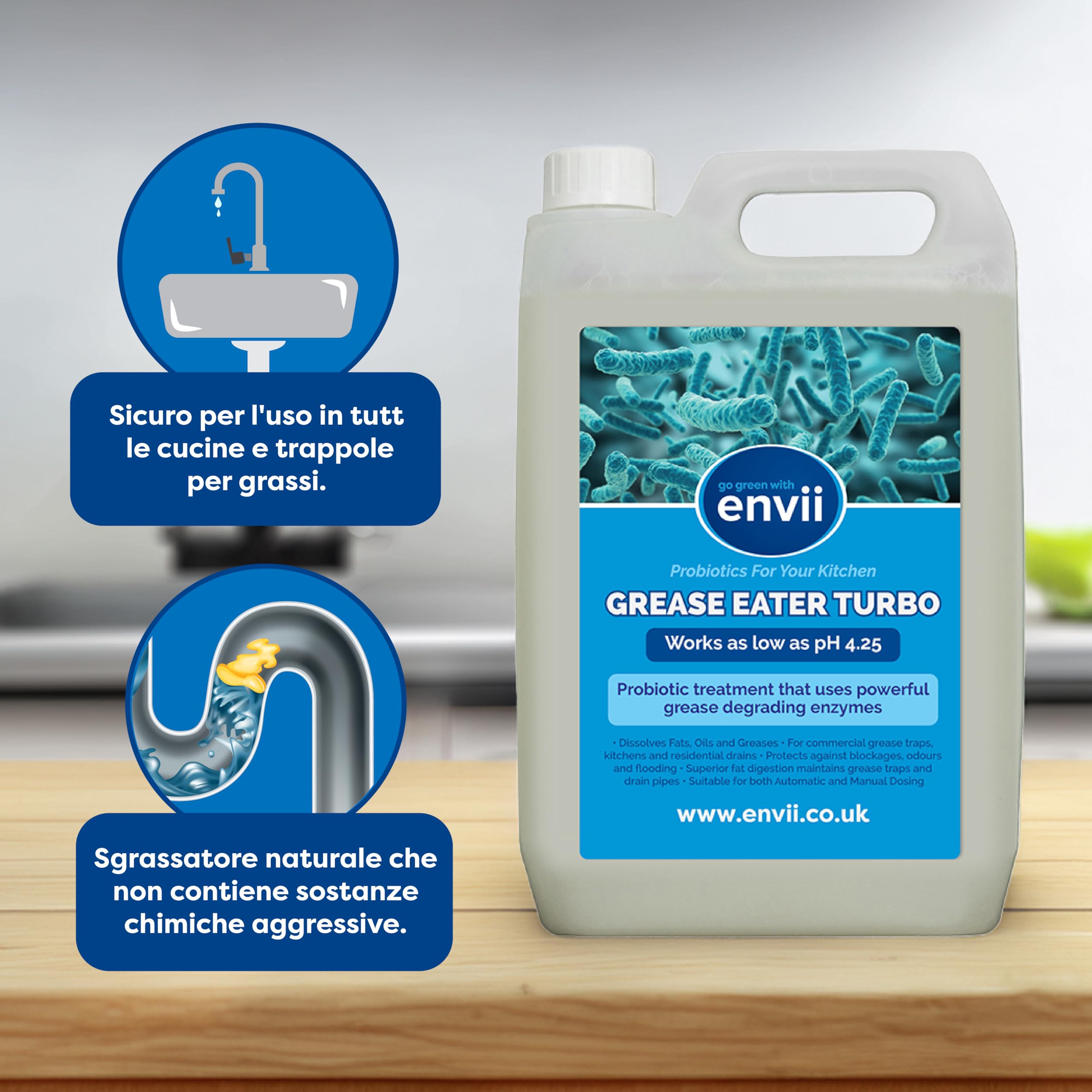 Envii Grease Eater Turbo Degrassatore Biologico a Enzimi per Scarichi, Sifoni e Tubature | Elimina Grasso, Olio e Unto | 5L