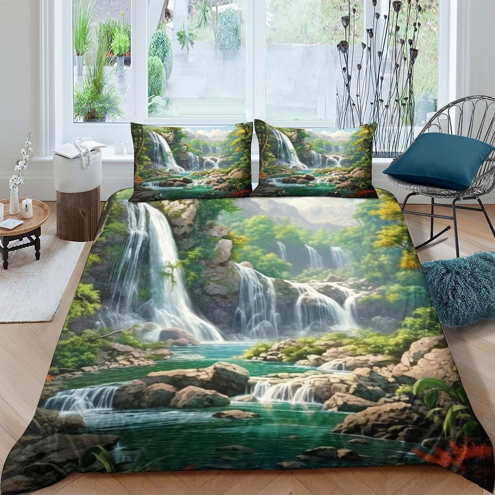 Ctjqhvkz Style-10 3D Printed Waterfall Forest Fitted Sheet Microfiber Soft Green Landscape Bed Cover For Bedroom Guest Room Decor Single（135X200cm）
