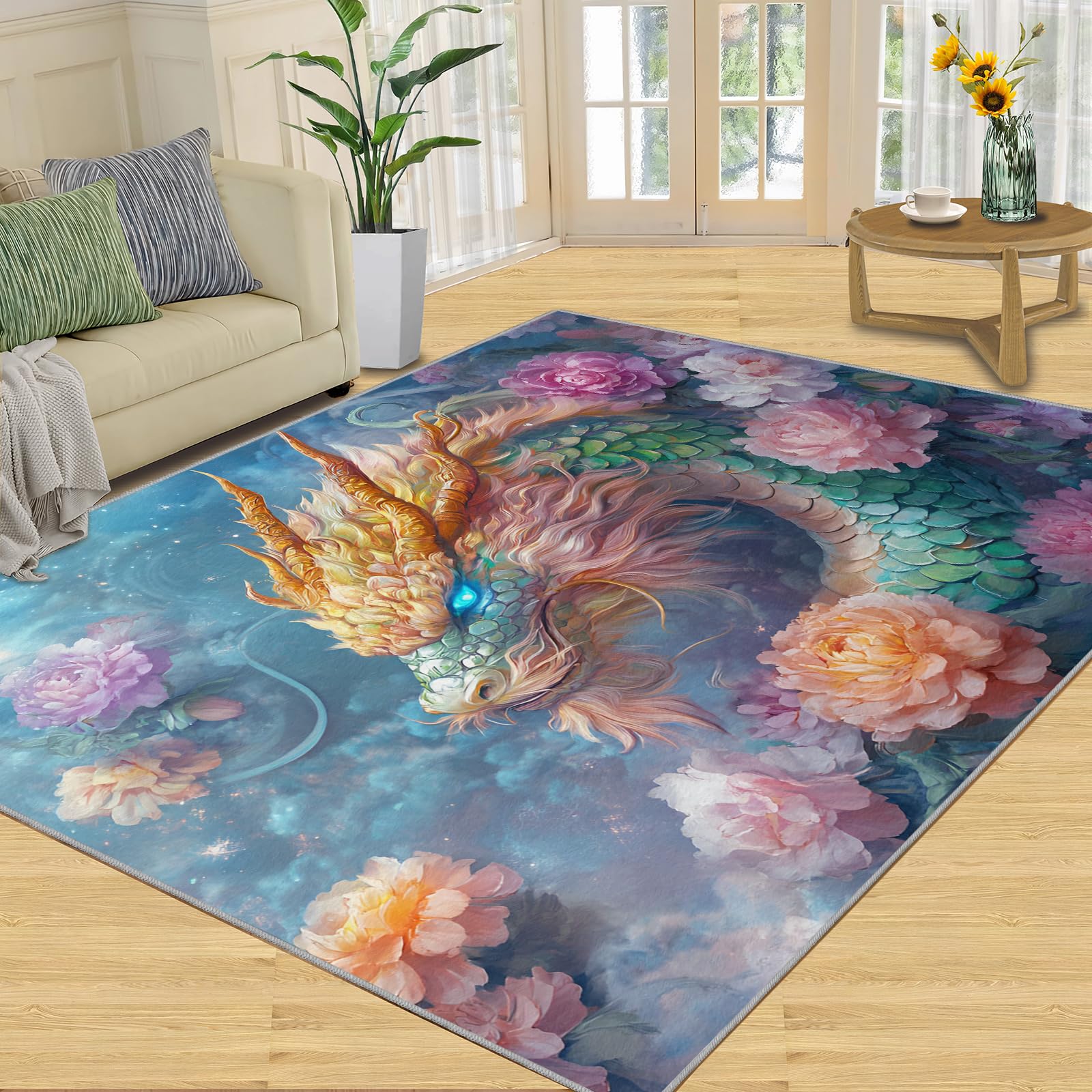 Tapis de salon fantastique au motif dragon, créez un coin lecture cosy
