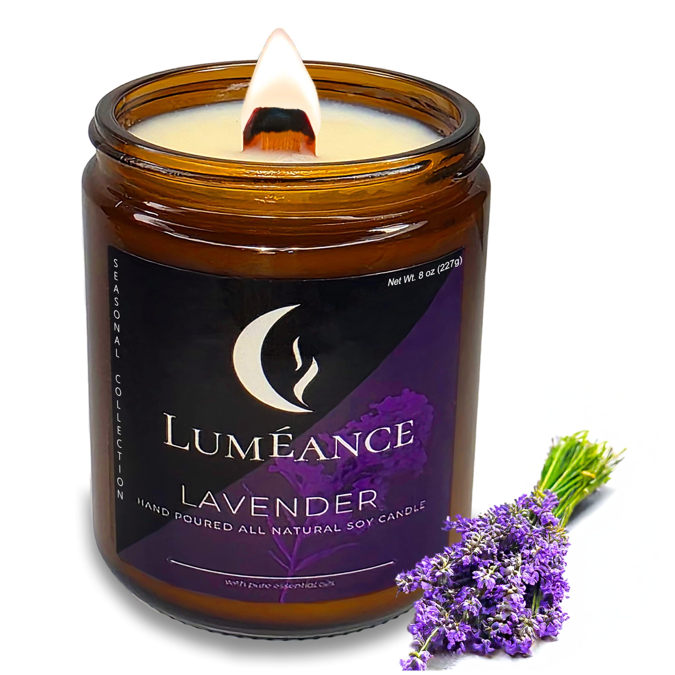 Crackling Wood Wick Candles - 40hr Lavender Aromatherapy Soy Candle - 100% Natural Essential Oil, Non-Toxic Wooden Wick Candles for Home - Stress Relief & Relaxation - (8oz Glass Jar - Lavender)