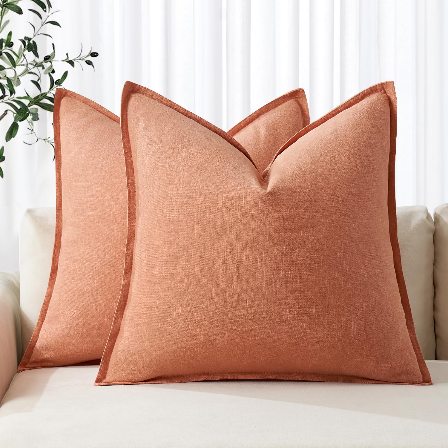 MIULEE Decorative Linen Pillow Covers 18x18 Inch Coral ​Boho Farmhouse​ ​Neutral Spring Couch Throw Pillows for Bed Pack of 2 Accent Modern Pillowcase