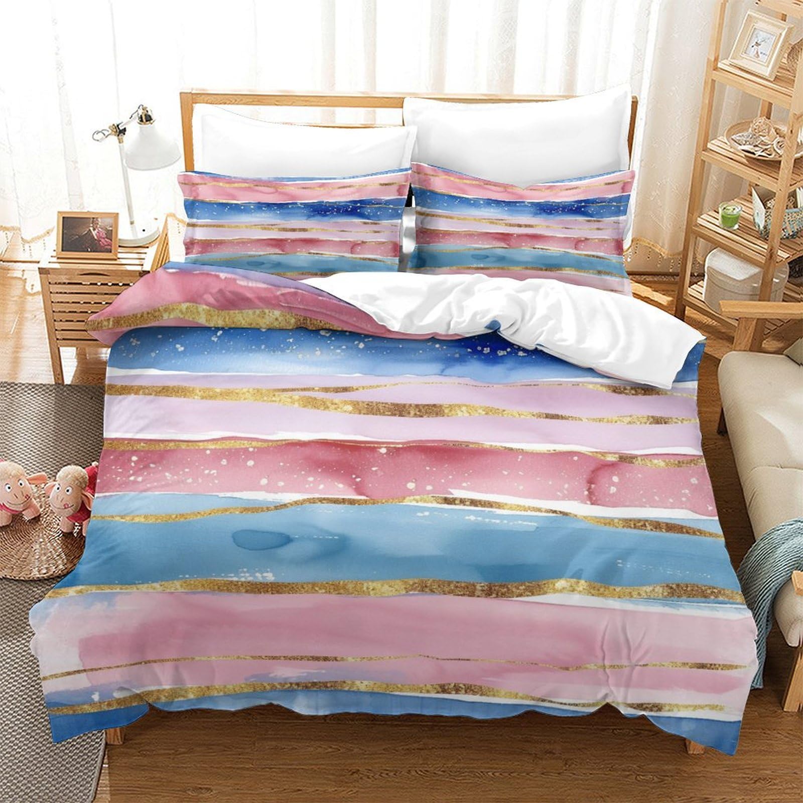 P1S9U7W5Y 3D Printed Abstract Watercolor Stripe 3pcs Duvet Cover Set Microfiber Artistic Bedding Set King（220x240cm）