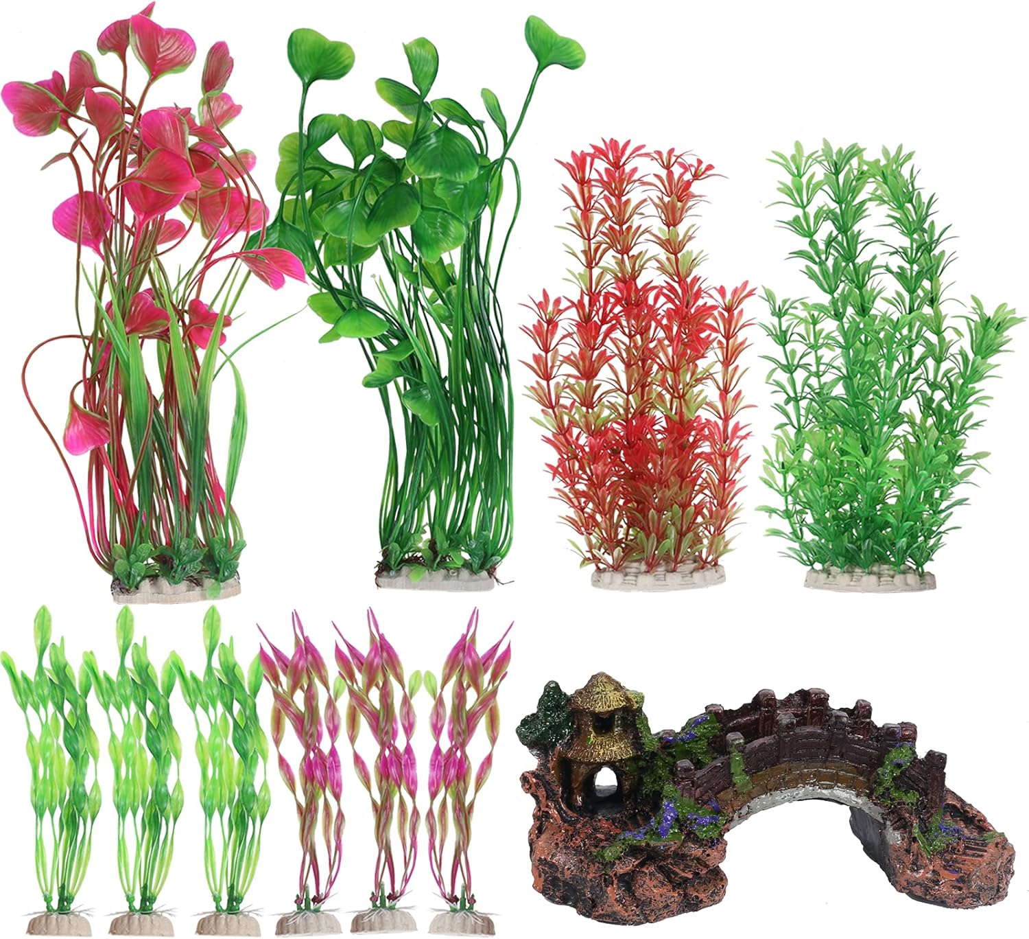 DUTANG 11 Pcs Large Aquarium Plants Plastic with Resin Arch Bridge Fish