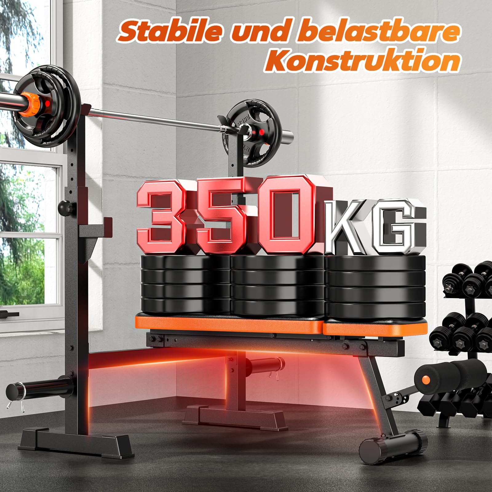 XDDIAS Multifunktion Trainingsbank mit Langhantelablage, Verstellbare Hantelbank für Home Gym, 7-Fach Rückenlehne Fitnessbank für Bankdrücken & Krafttraining, bis 350 kg