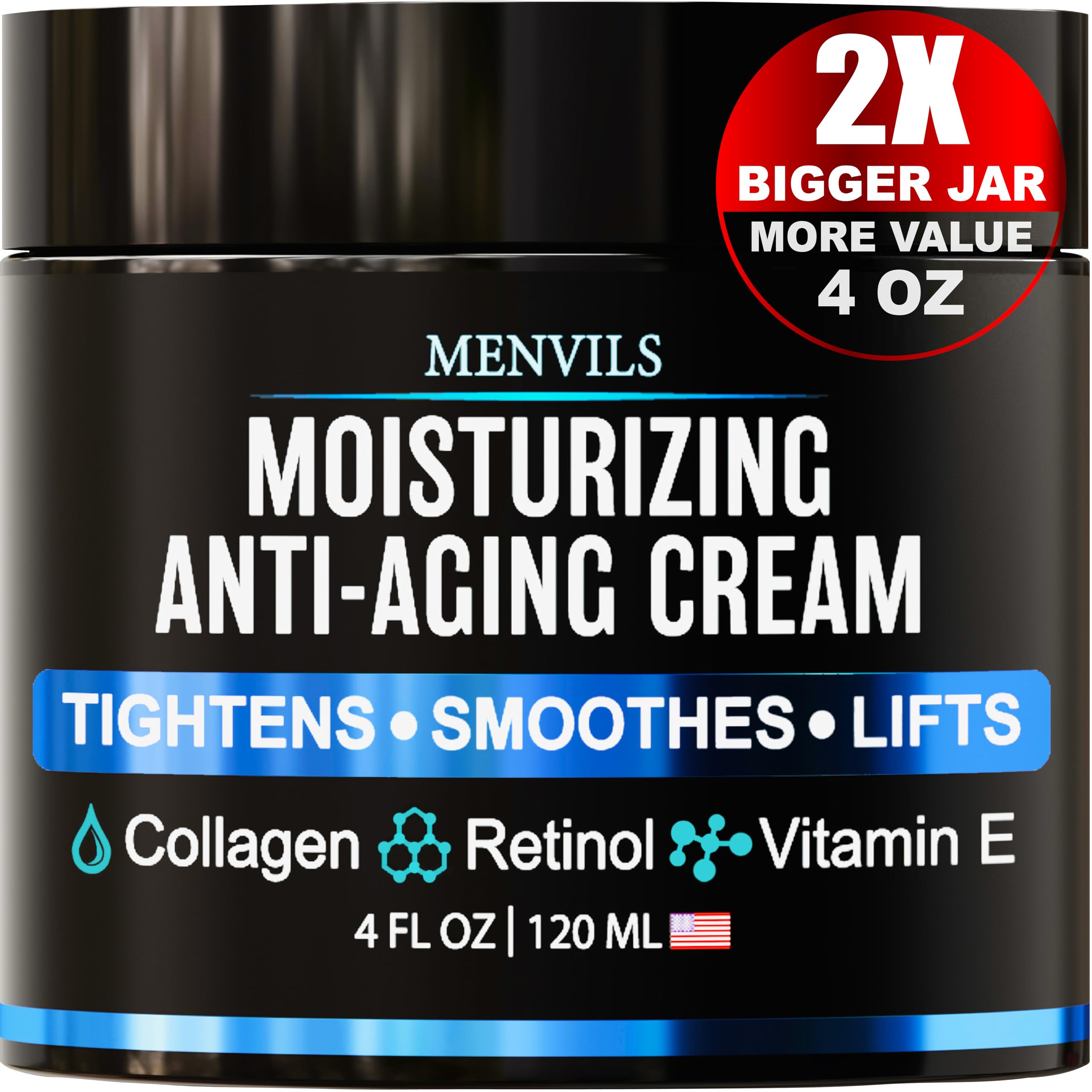 Mens Face Moisturizer Cream - Anti Aging & Wrinkle for Men with Collagen, Retinol, Vitamins E, Jojoba Oil - Face Lotion - Age Facial Skin Care - Eye Wrinkle - Day & Night - 4 oz