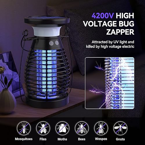 Miniatura 2 de Exterminador de insectos, matamosquitos de 4200 V con luz LED, matamosquitos solar para interiores y exteriores, exterminador eléctrico de insectos