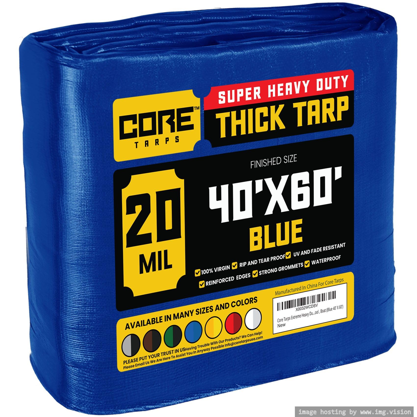 Core Tarps Extreme Heavy Duty 20 Mil Tarp Cover, Waterproof, UV Resistant, Rip and Tear Proof, Poly Tarpaulin with Reinforced Edges for Roof, Patio, Pool, Boat (Blue 40′ X 60′)