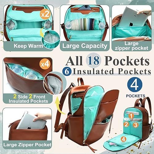 Miniatura 2 de MOMINSIDE Mochila para pañales, bolsas cruzadas de cuero para bebé con 6 bolsillos aislados para mamá papá, búsqueda de registro de bebé, cambiador,