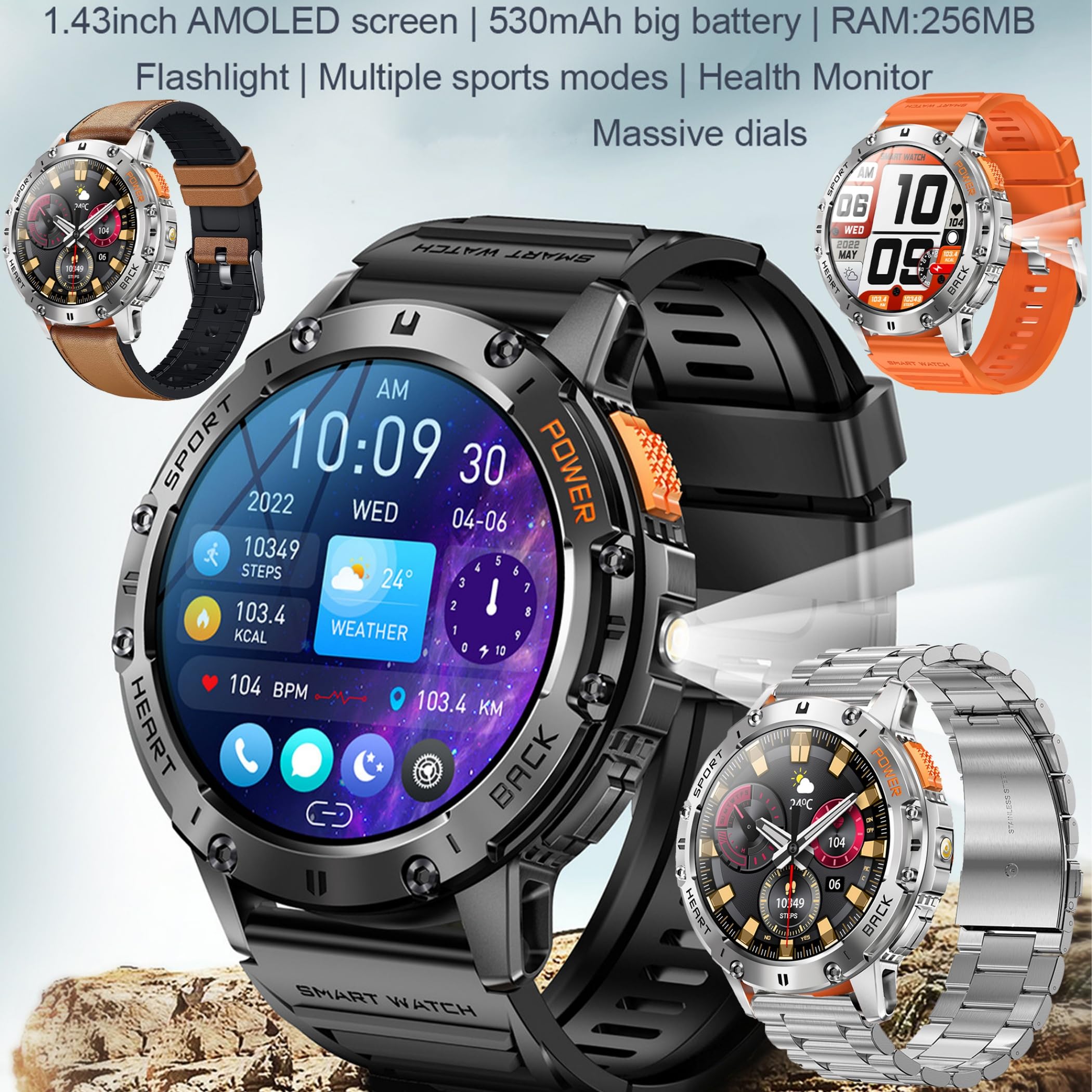 1,43" AMOLED Reloj Inteligente Hombre con Llamada y Whatsapp, Linterna, 5ATM Impermeable Reloj Smartwatch 123 Deportivo Hombre con Monitor Sueño, Oxígeno Sanguíneo, Pulsómetro Android iOS (plateado)