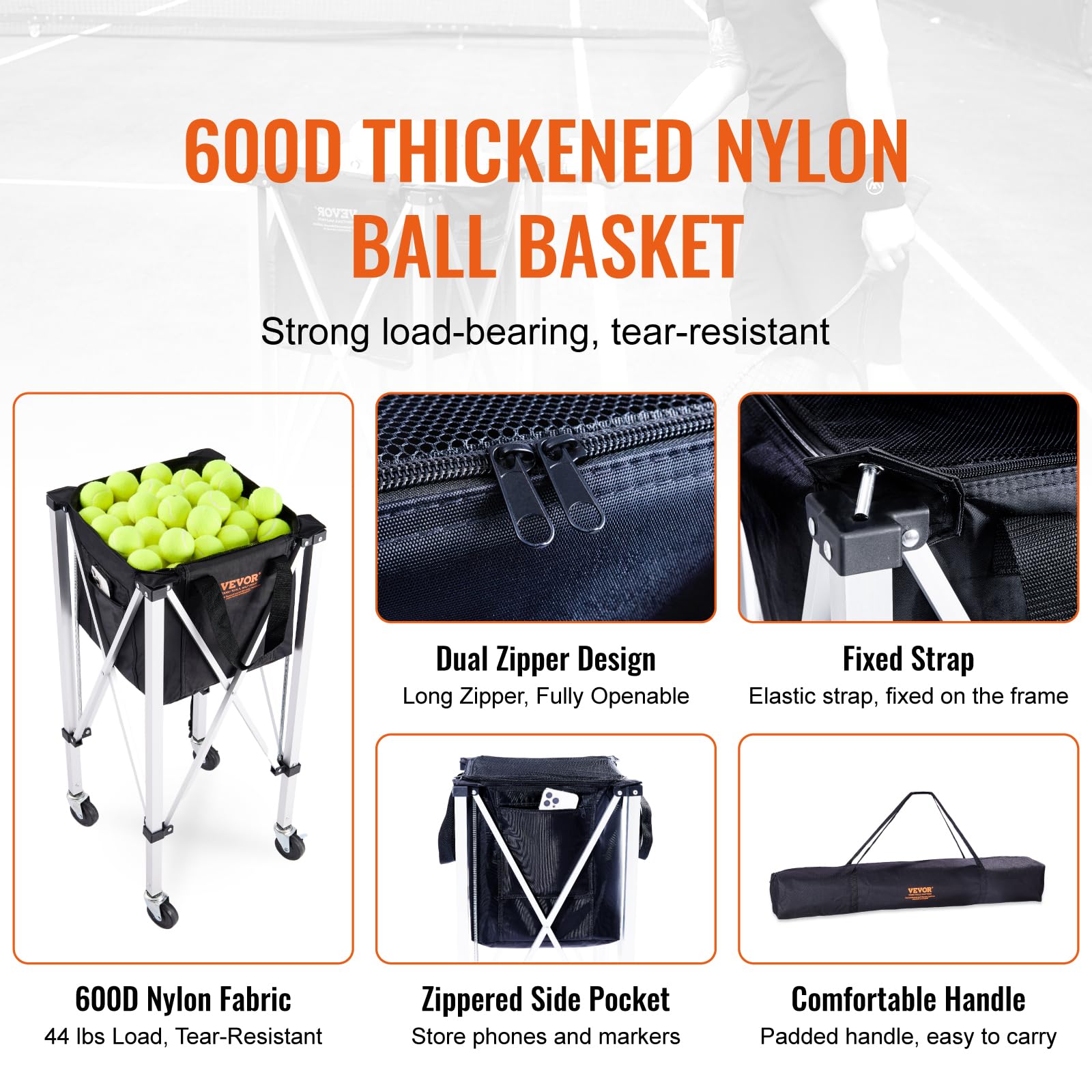 VEVOR Panier à Balle de Tennis Pliable 150 balles Chariot Alliage d'aluminium