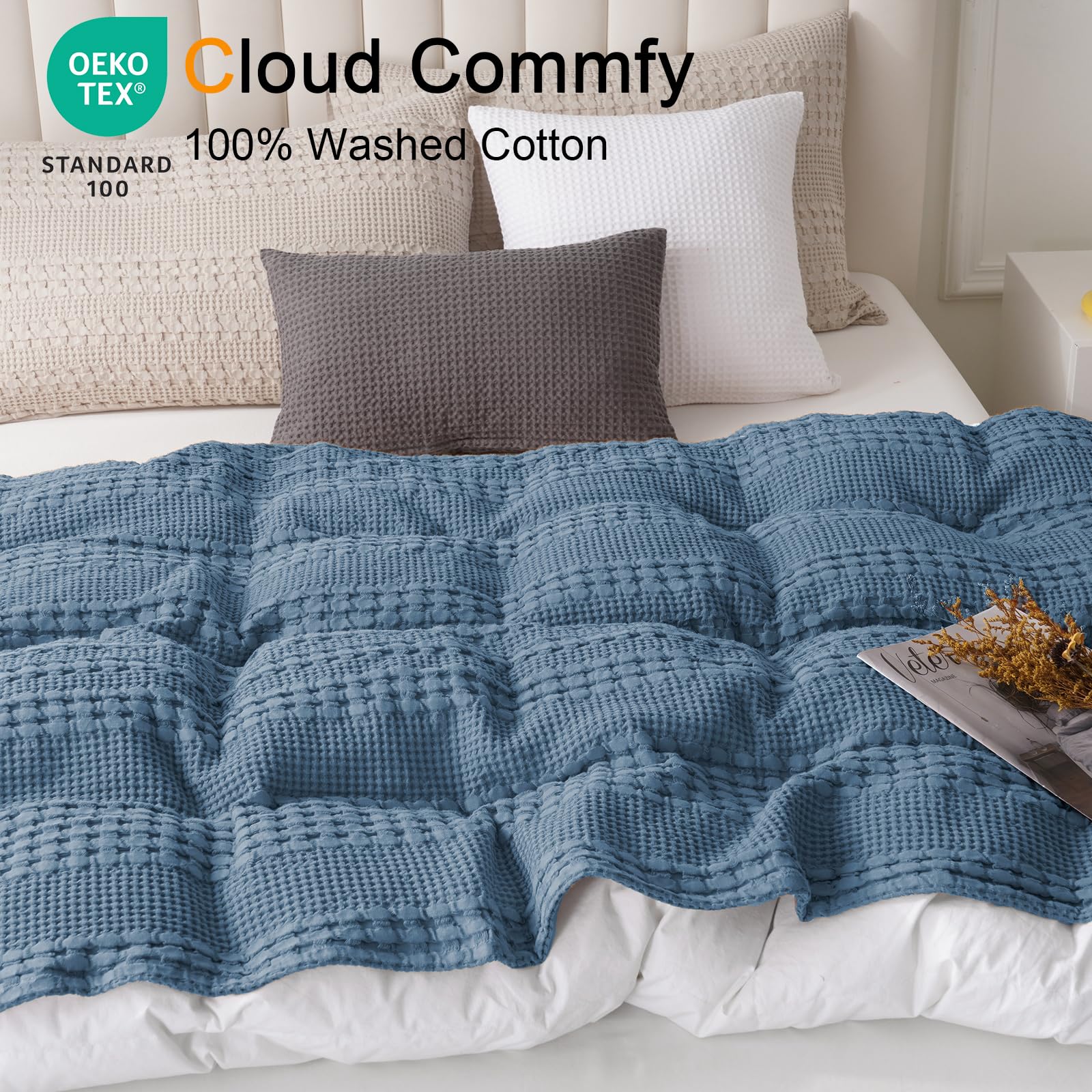 PHF 100% Cotton Waffle Weave Blanket Queen Size, Lightweight Washed Cotton Blanket for Spring & Summer - 90"x90" Soft Woven and Breathable Blanket for Bed Sofa Home Decor - Captain's Blue