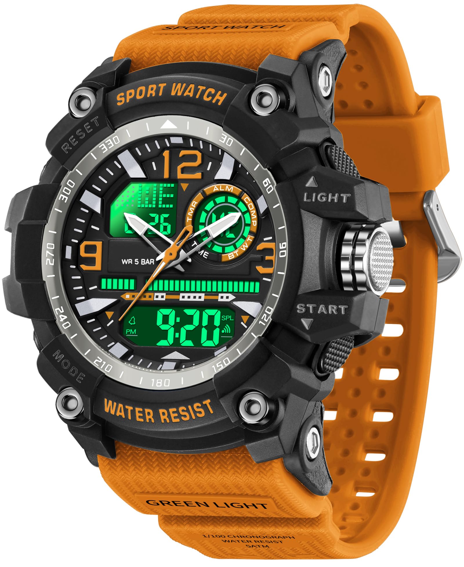 findtime Montres d'extérieur pour homme, numérique, analogique, grande montre, double heure, chronomètre, rétroéclairage LED, 12/24 h, style militaire, design robuste, noir et blanc