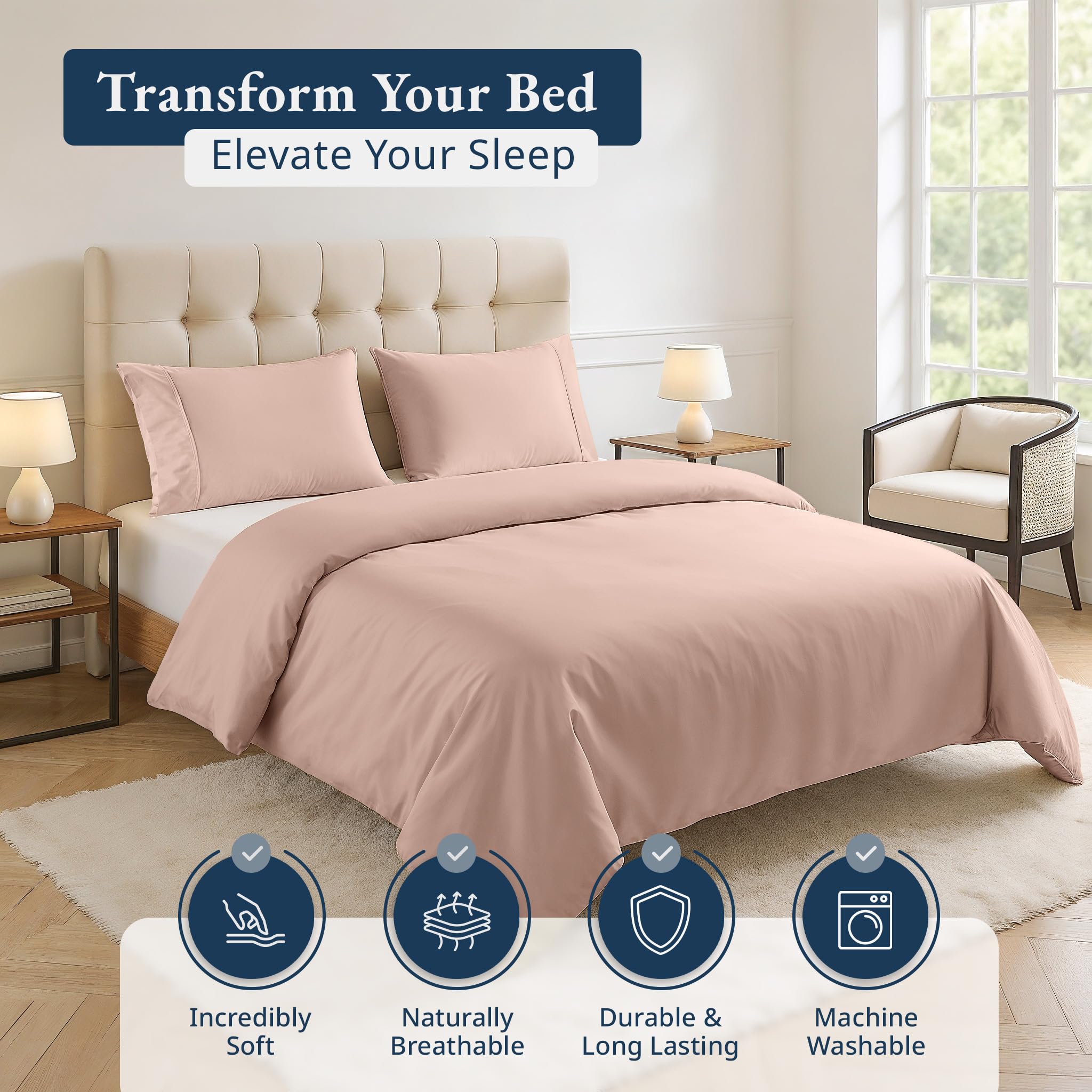 LANE LINEN 100% Organic Cotton Duvet Cover Set - King Size, 3-Piece Bedding Set, Soft Breathable Fabric, Includes 1 Duvet Cover 230 x 220 cm and 2 Pillow Shams - Comforter Not Included - Sepia Rose - Image 3