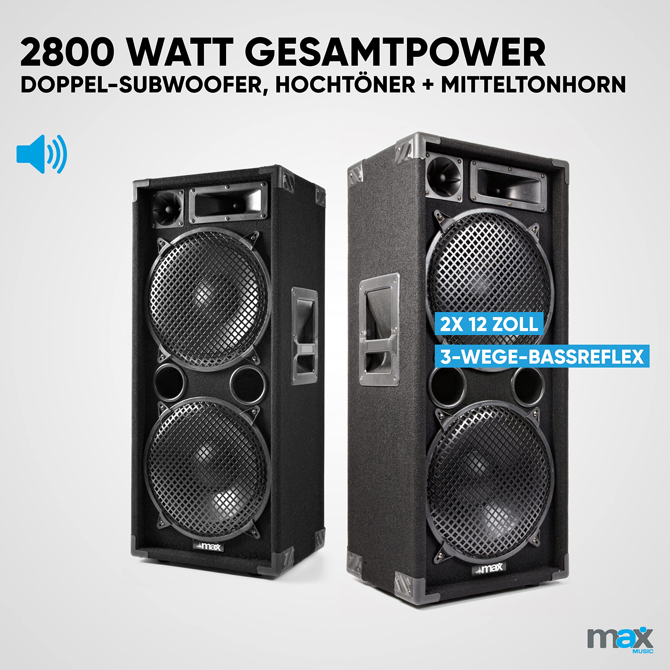 MAX212 - DJ Starter Kit - DJ Boxen Set 2800 Watt inklusive DJ Mixer, Verstärker mit Bluetooth, MP3, USB, MAX212 Bundle 2 Lautsprecher mit Verstärker, PA-Anlage Komplett Set
