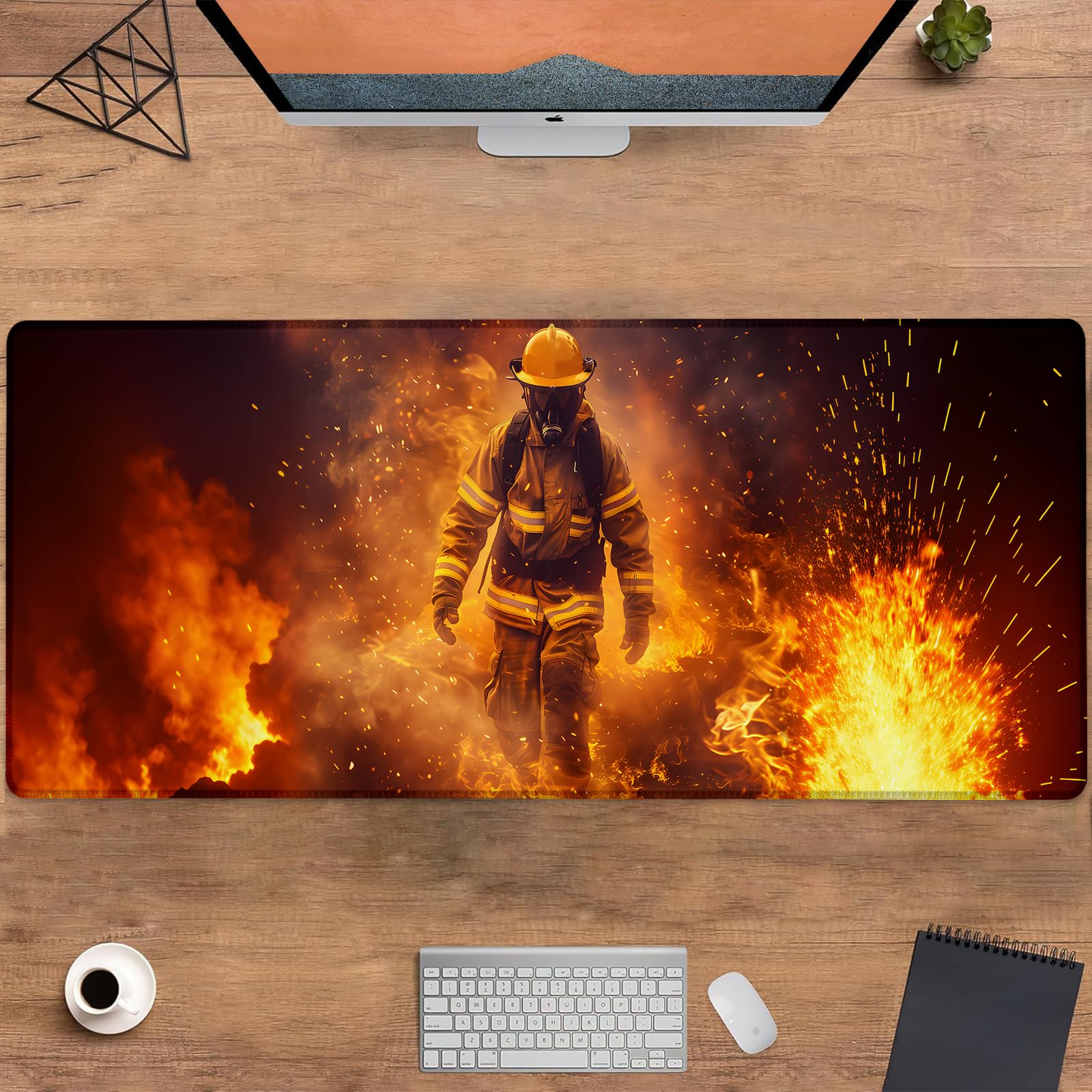 UNDAHIS Heroic Firefighter Gaming Mouse Pad, Large Office Desktop Intense Fire Design Mousepad for Computer Laptop, Extended Work Desk Mat with