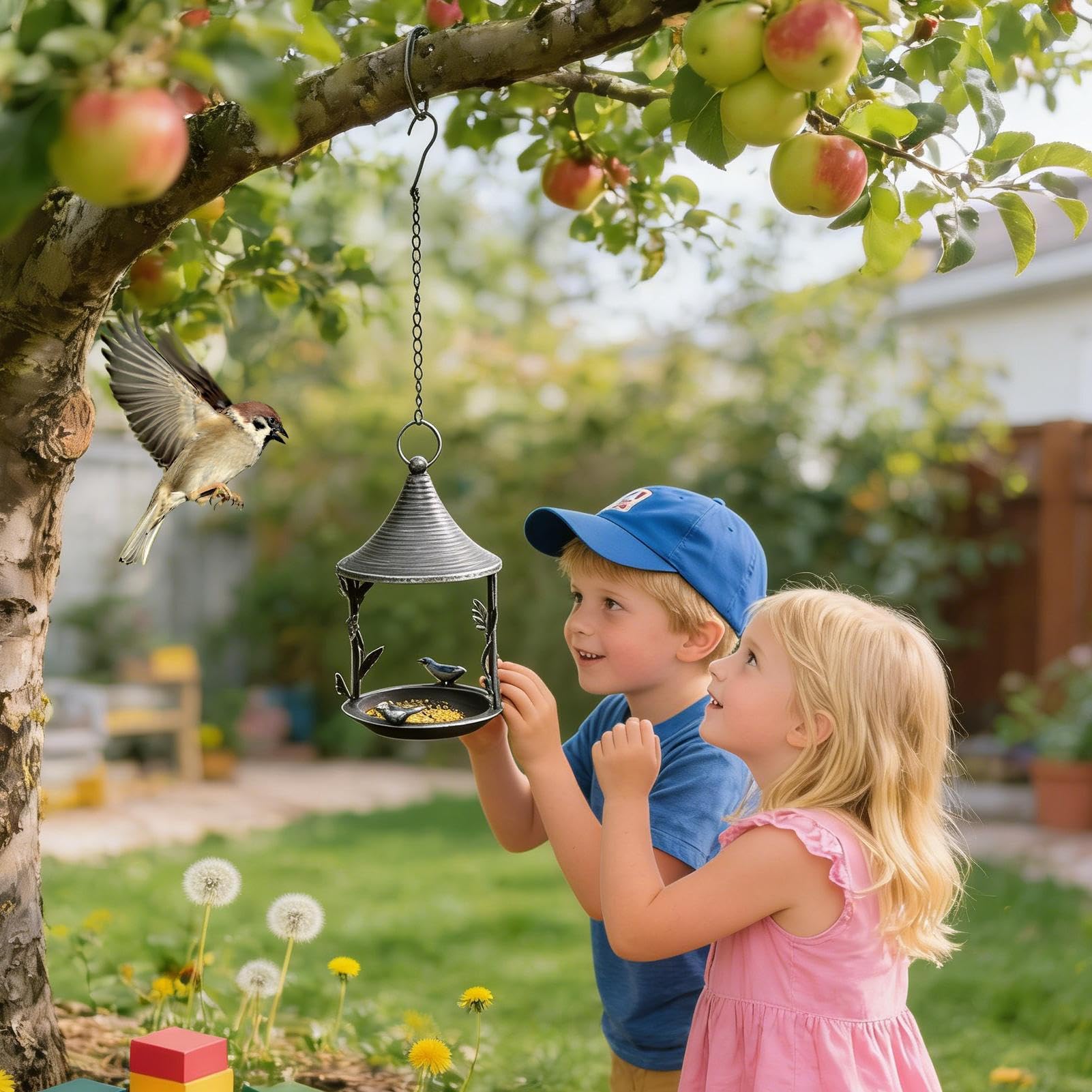 Distributore di cibo per uccelli selvatici, mangiatoia in metallo appeso decorazione per volatili, mangiatoia da giardino, per uccelli selvatici, balcone terrazza all'aperto
