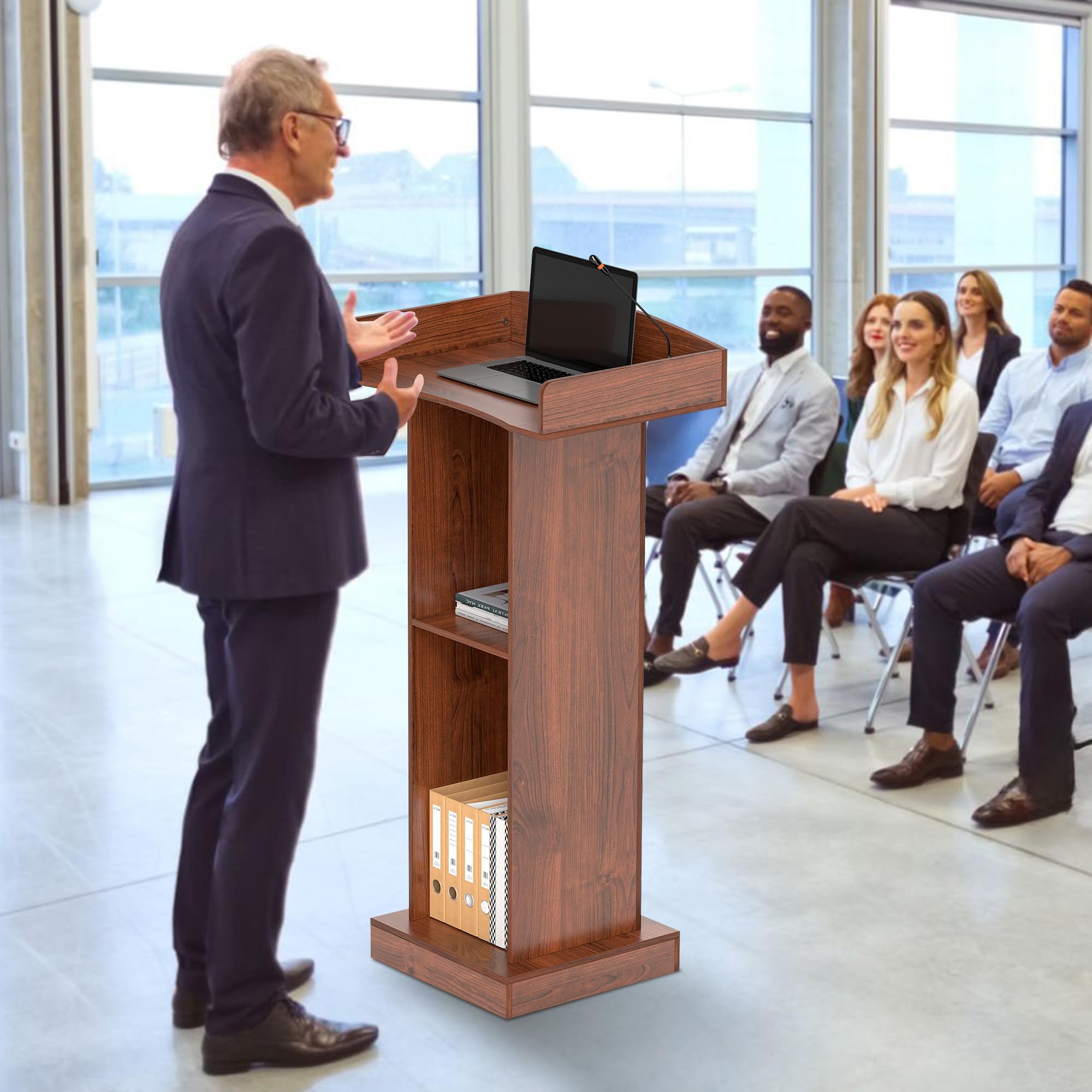 jxgzyy Rednerpult Holz Podium mit 2 Stöckig Aufbewahrungsregal Podiumständer 60cm × 41cm × 120cm für Klassenzimmer, Büro, Restaurant, Seminar, Hochzeit, Kirchen