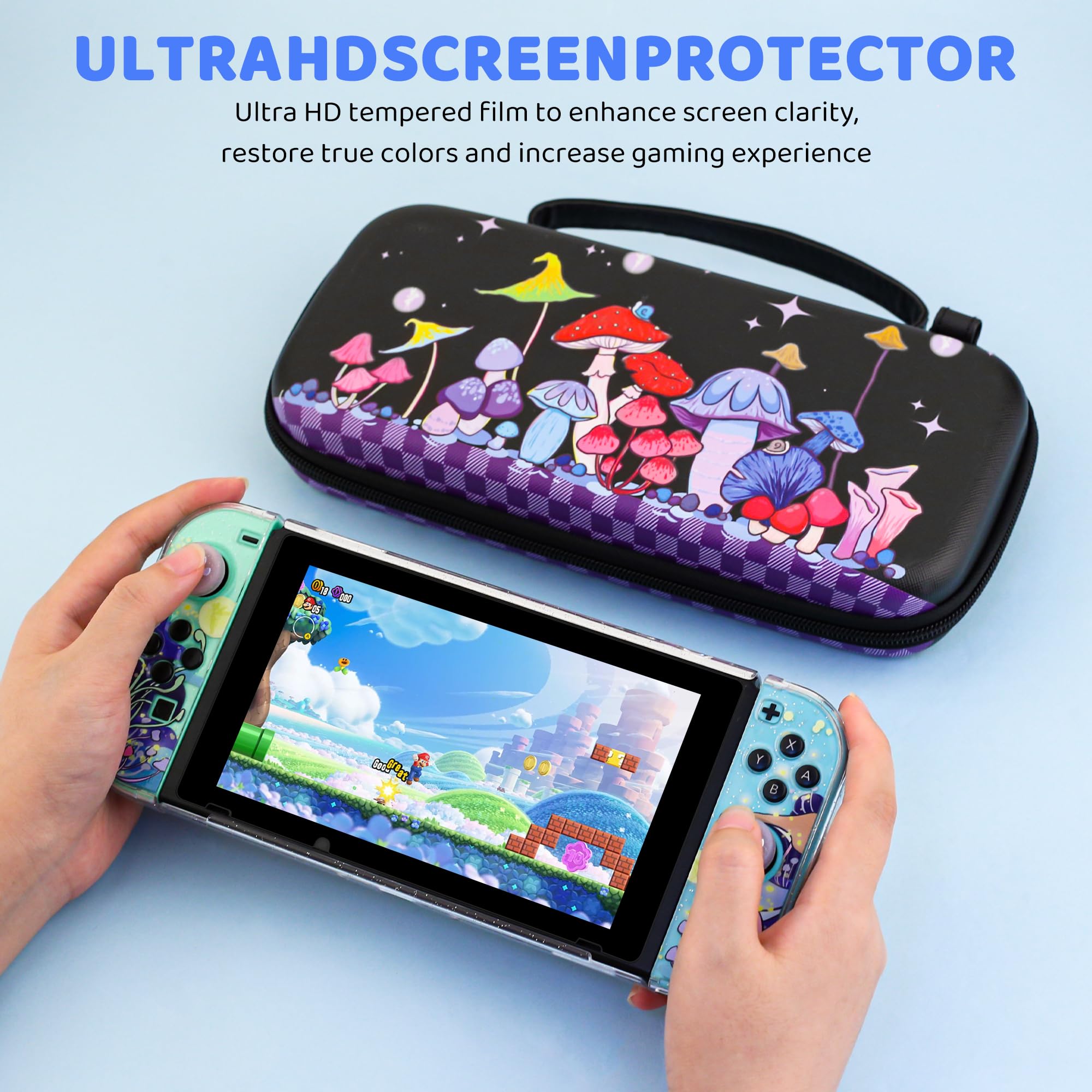 GLDRAM Custodia da trasporto a forma di fungo magico per Nintendo Switch, borsa da viaggio resistente con cover protettiva glitterata, protezione schermo HD Utral, tracolla e tappi per pollice, per