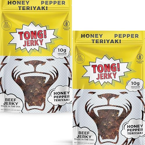 Tong Jerky Teriyaki Teriyaki - Carne seca de ternera con miel y pimienta, paquete de 2 unidades Hecho en los Estados Unidos Carne seca artesanal