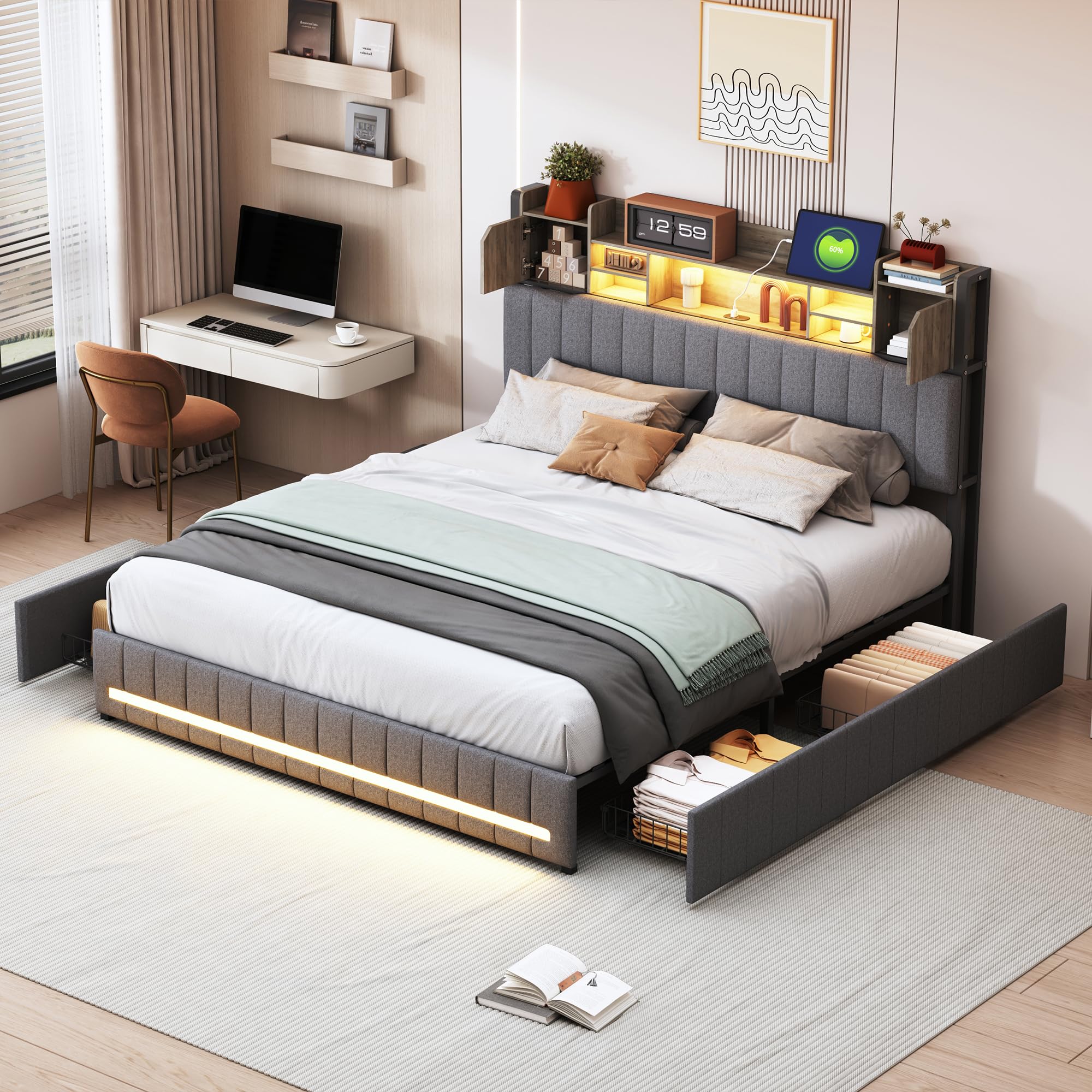 Letto 140 x 200 cm, letto matrimoniale 140 x 200 cm, con illuminazione a LED e presa 4 cassetti, letti imbottiti con ripostiglio, per adulti e adolescenti, moderno, tessuto di lino grigio (140 x 200