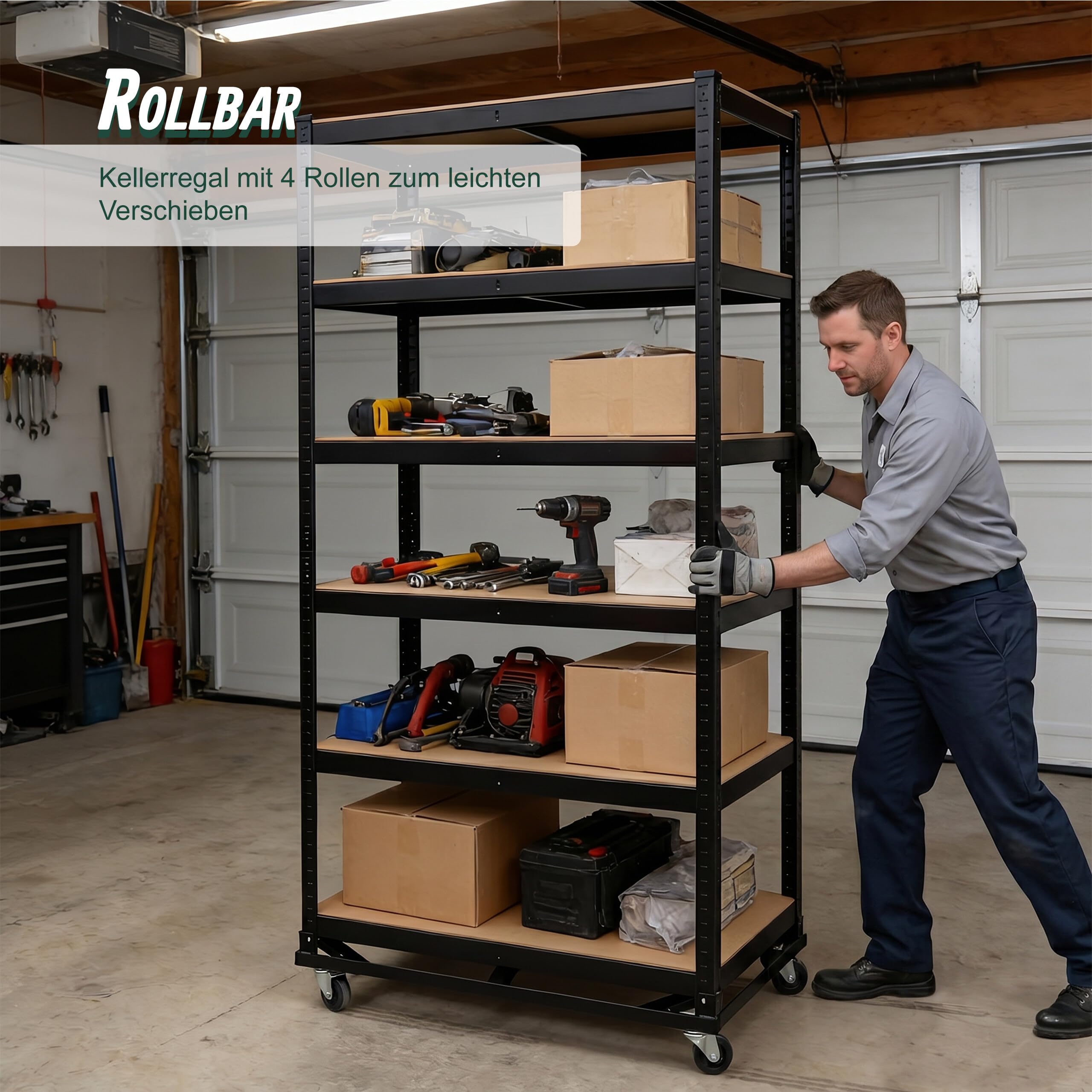 Relaxdays Schwerlastregal auf Rollen, HxBxT: 191 x 90 x 45 cm, 750 kg, 5 Böden, Stahl, Stecksystem, Lagerregal, schwarz