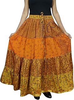 Mogul Interior Womens Gypsy Skirt Burnt Orange Sari Tiered Maxi Skirts OneSize S/M/L