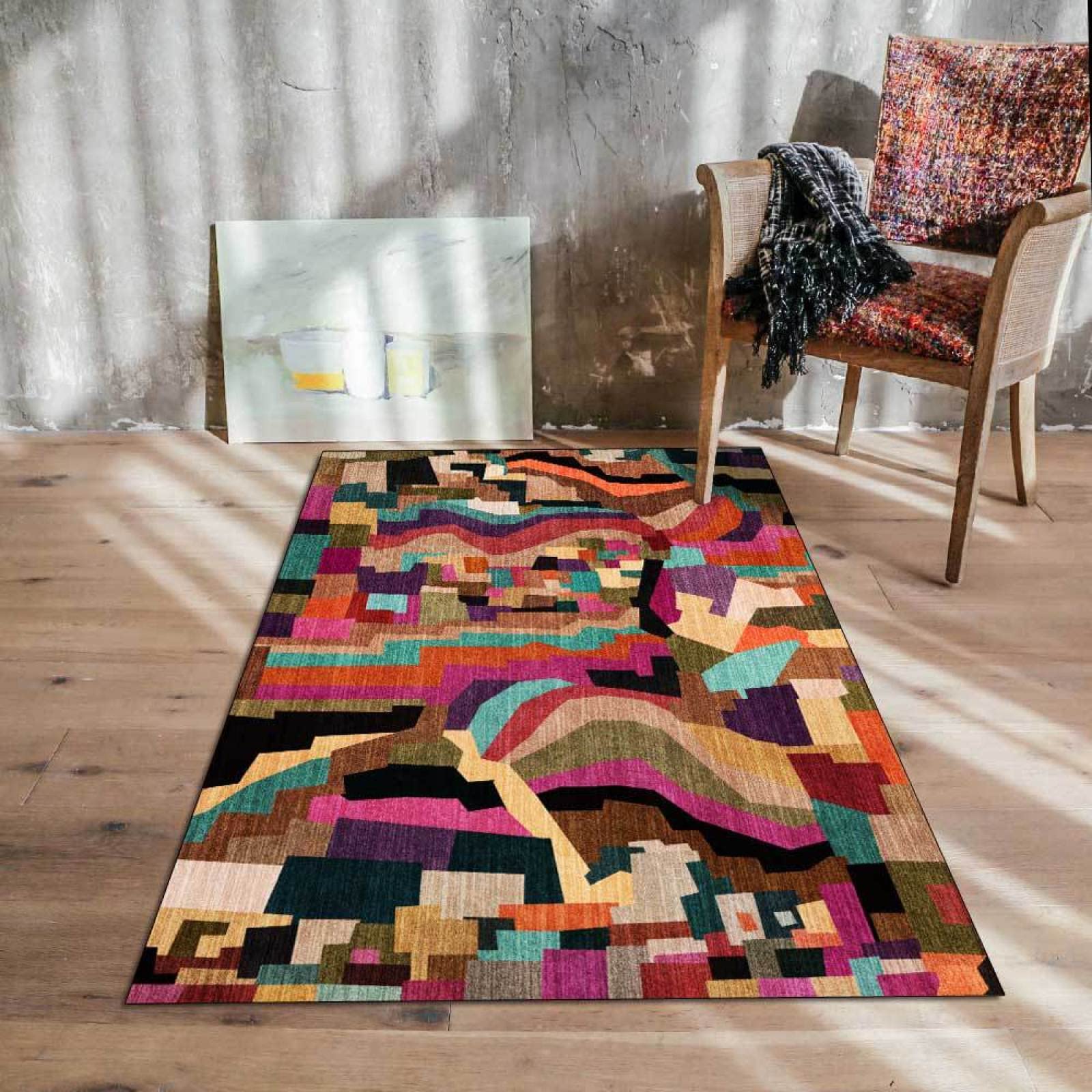 Tapis de chevet et cheminée ovale géométrique multicolore abstrait 70x120cm lavable pour maison