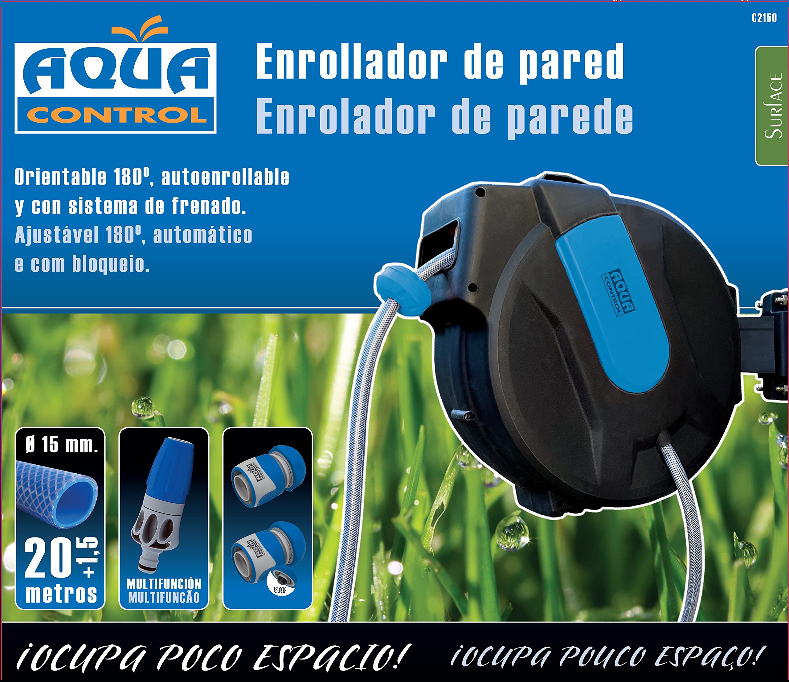 Enrollador automático de manguera para pared. Con 20 metros de manguera y conexiones y lanza en bimateria (plástico y caucho) para mejor agarre Multicolor