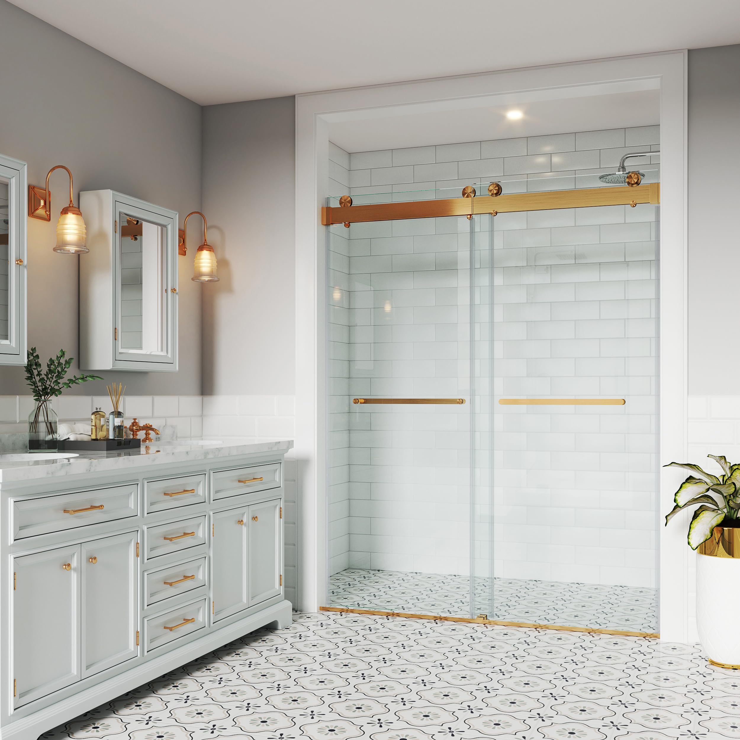 Shower Doors Frameless Soft Closing 52-54" W x 76" H Width Adjustable Double Sliding 3/8"(10mm) Clear Tempered SGCC Glass Stainless Steel Hardware (Brushed Gold)