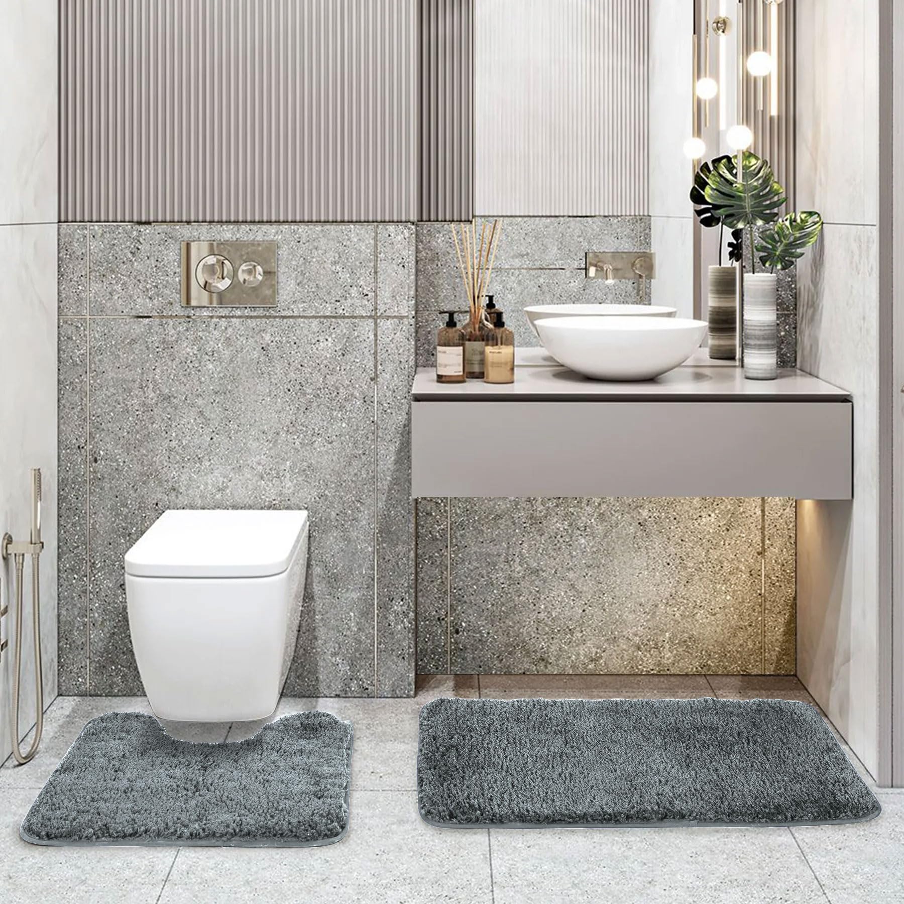 LUXE HOME INTERNATIONAL Polyester Contour Bath Mat – Washable, Anti Skid, Water Absorbent Contour Mats for Bathroom, Toilet, Wash Basin & Bathroom Contour Mat Set (Grey, 45x 75 cm & 40x45)