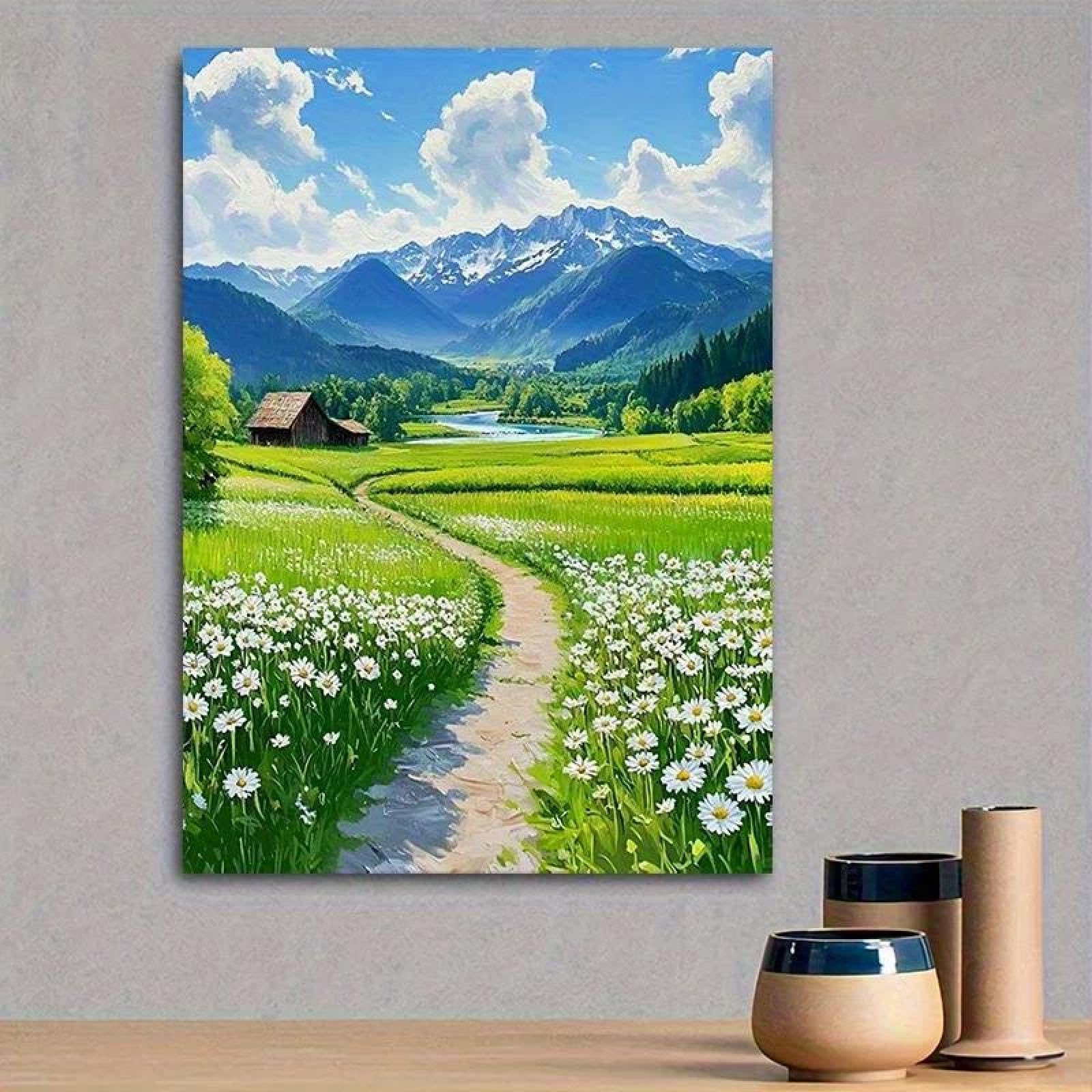 Yocheng Serene Pastoral Landscape Canvas Print - Vibrant Countryside Wall Art With Wildflowers,Daisies & Snow-Capped Mountain 21x30cm No Frame