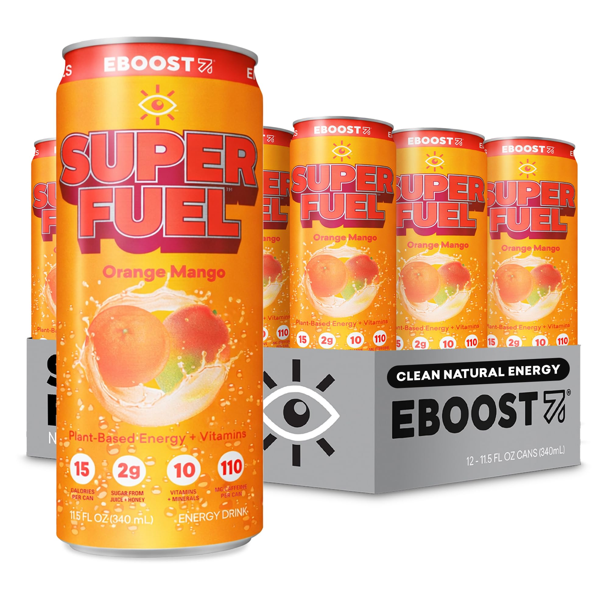 Super Fuel Healthy Energy Drink - Caffeine from Natural & Clean Ingredients For Focus and Productivity -Taurine Free Pre-Workout With Electrolytes, Nootropic & Vitamins - Orange Mango, 12 Pack