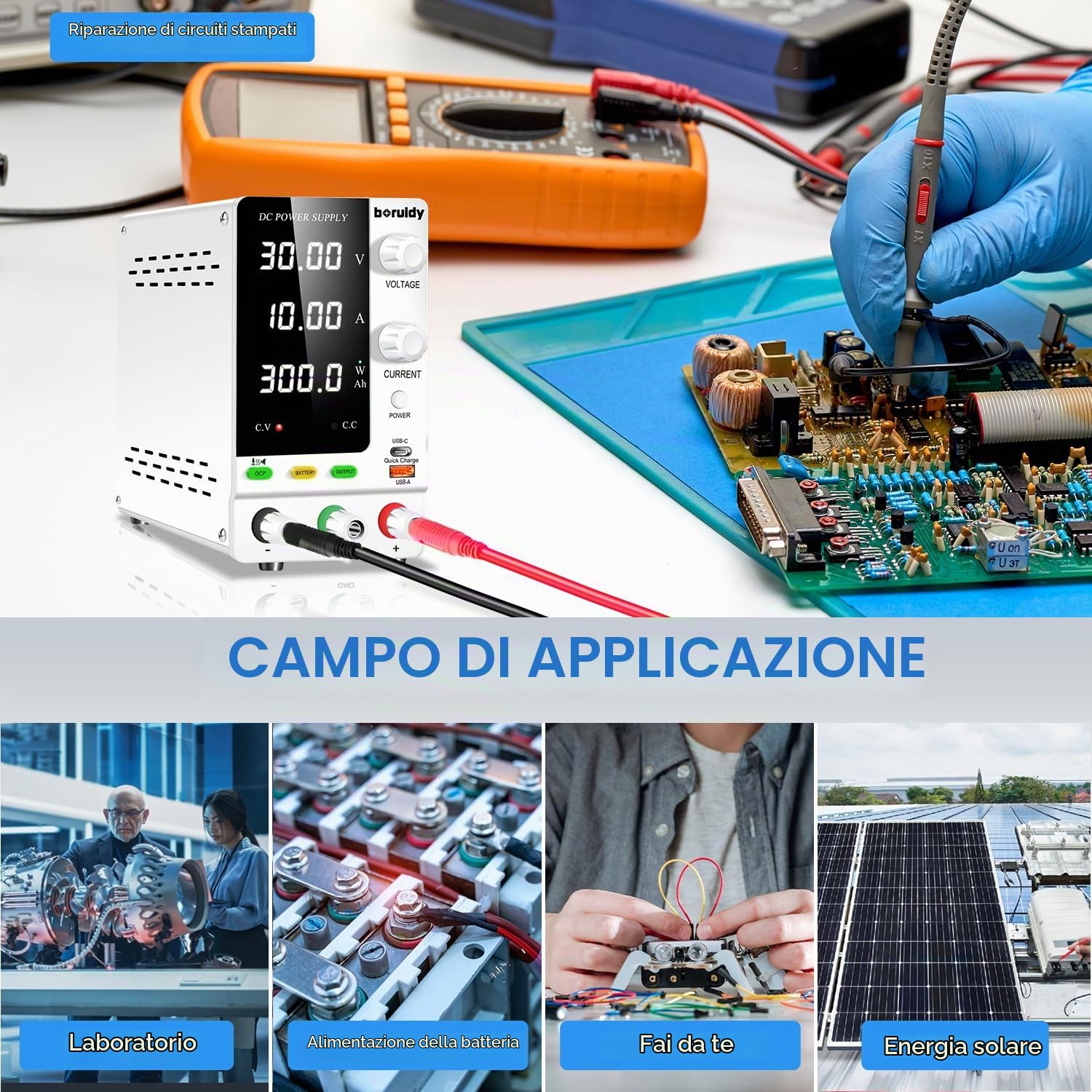 Alimentatore da Labotorio 30V 10A Encoder Alimentatore DC Regolabile 1V~24V Batterie Caricabatterie con 18W USB-A/C Carica Rapida Porto/Output Pulsanti Alimentatore Banco Stabilizzato