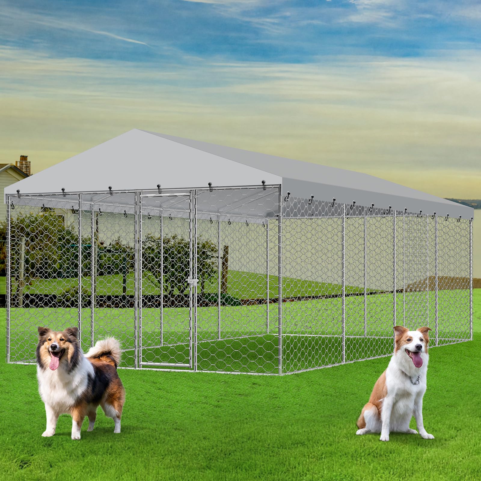 Lyromix Upgraded 20×10×5.6FT Outdoor Dog Kennel with Roof for Backyard