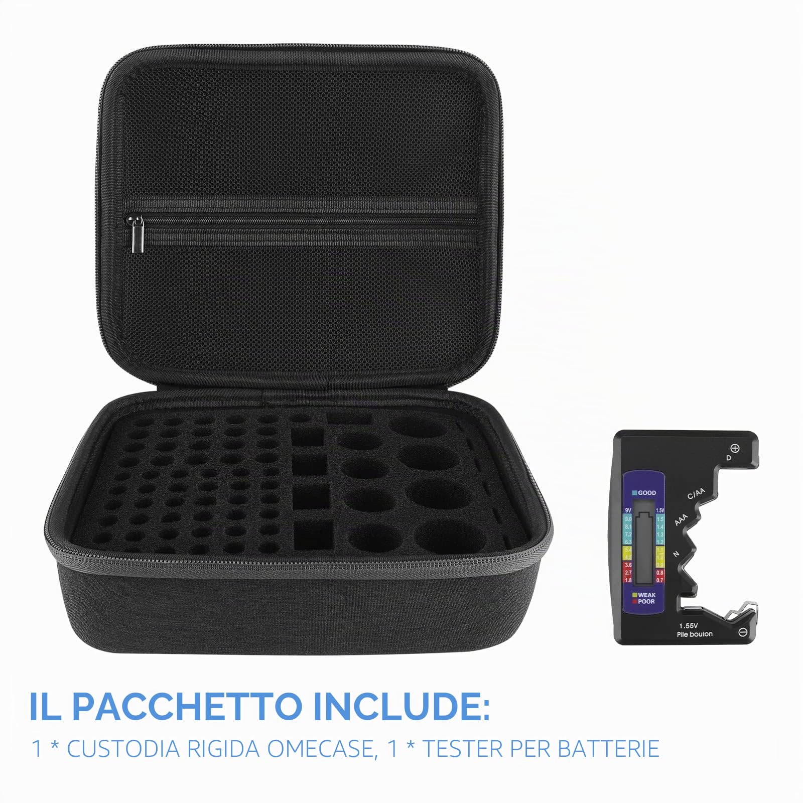 Linkidea Contenitore Rigido per Batteria, Scatola Organizer con Tester BT-168, Custodia per 76 Batterie AA AAA 9V C D