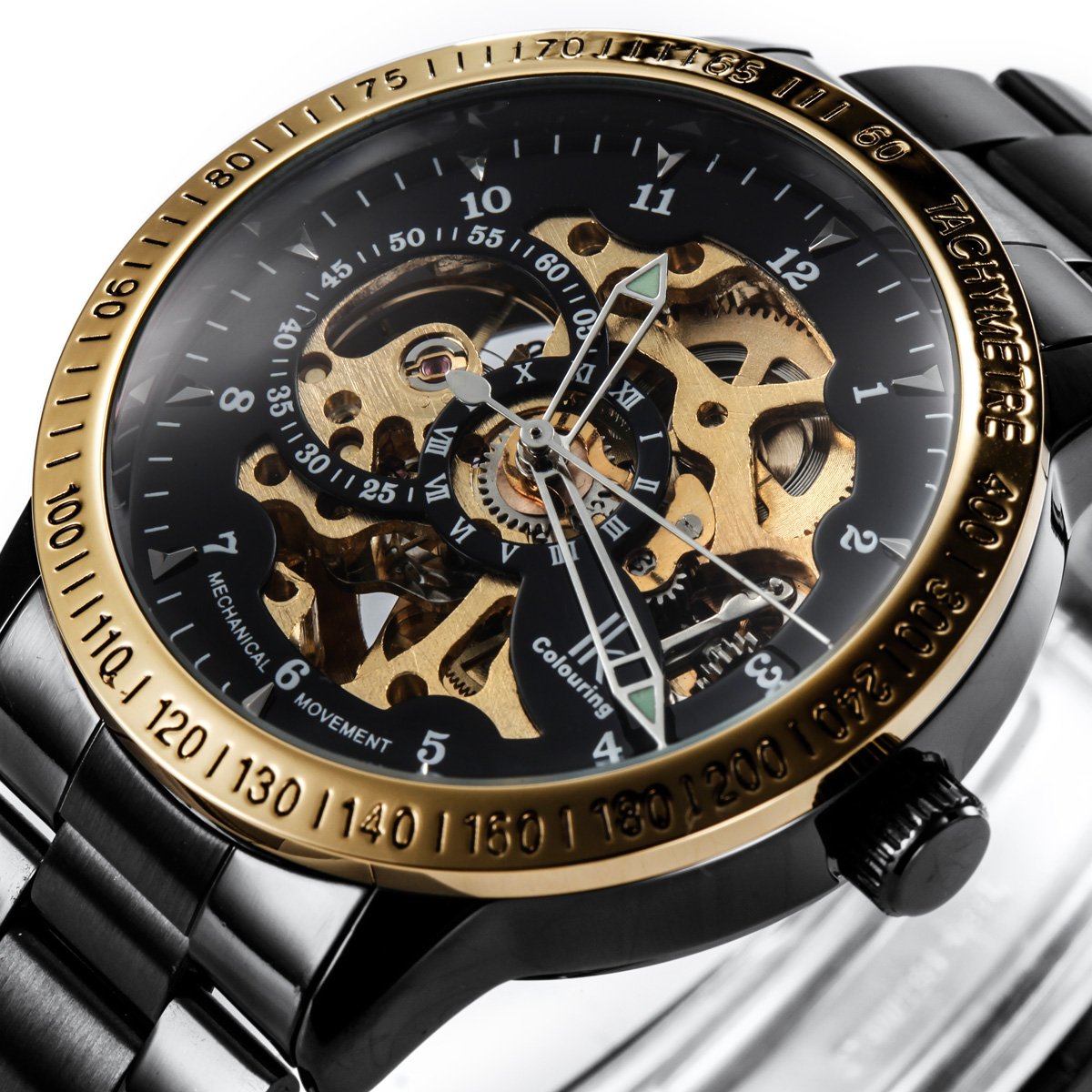 Alienwork IK Reloj Automático Hombre Mujer Negro Pulsera de Metal Acero Esqueleto Fondo de Vidrio