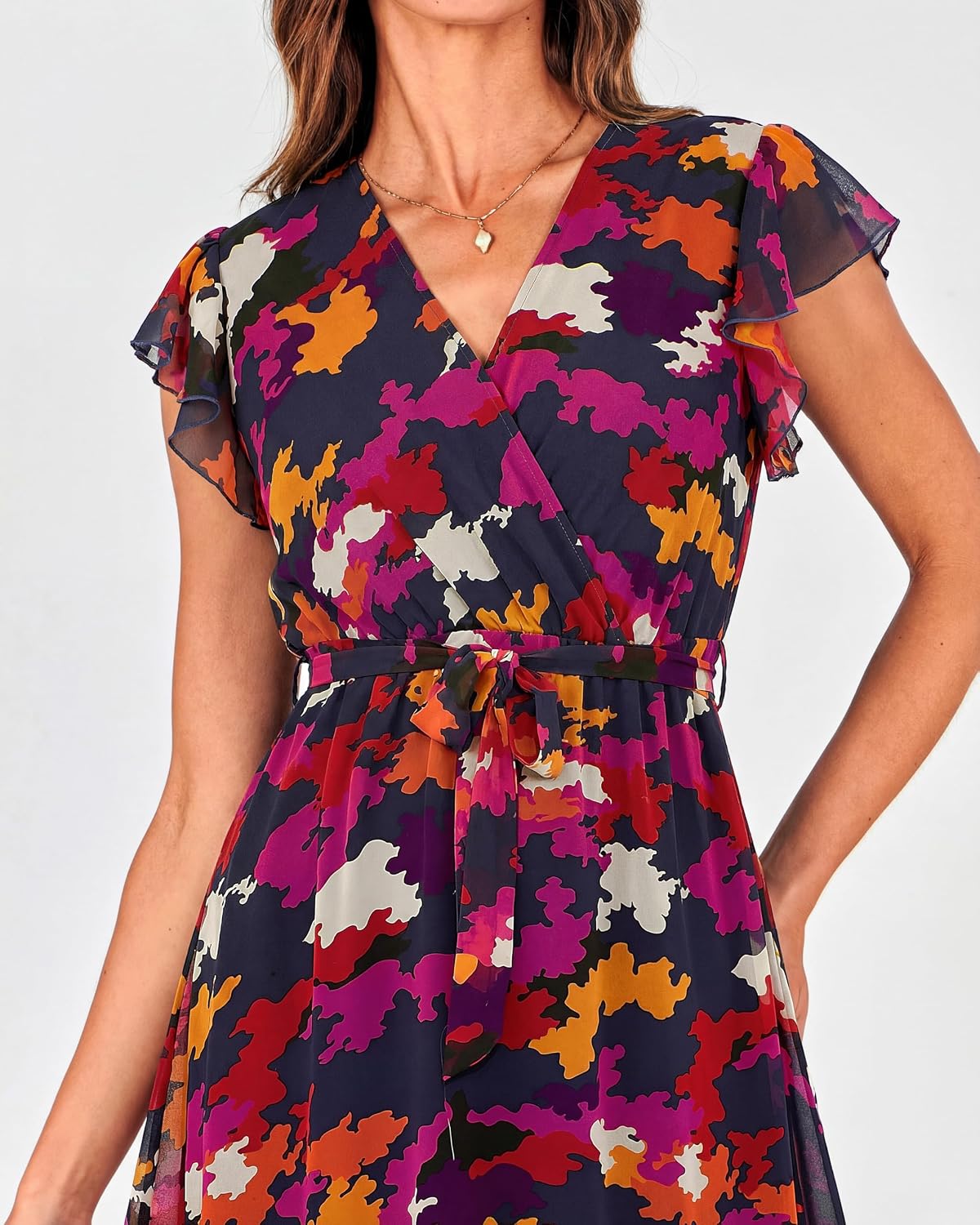  Women Summer Bohemian Floral Casual Wrap V Neck Ruffle Cap Sleeveless Belt A-Line Pleated Hem Midi Sun Dress White | Fall Swiss Dots A-line Long Wedding Guest Dresses,Elegant Floral Boho Sundress With Pockets,Spring Beach Vacation Clothes thumbnail