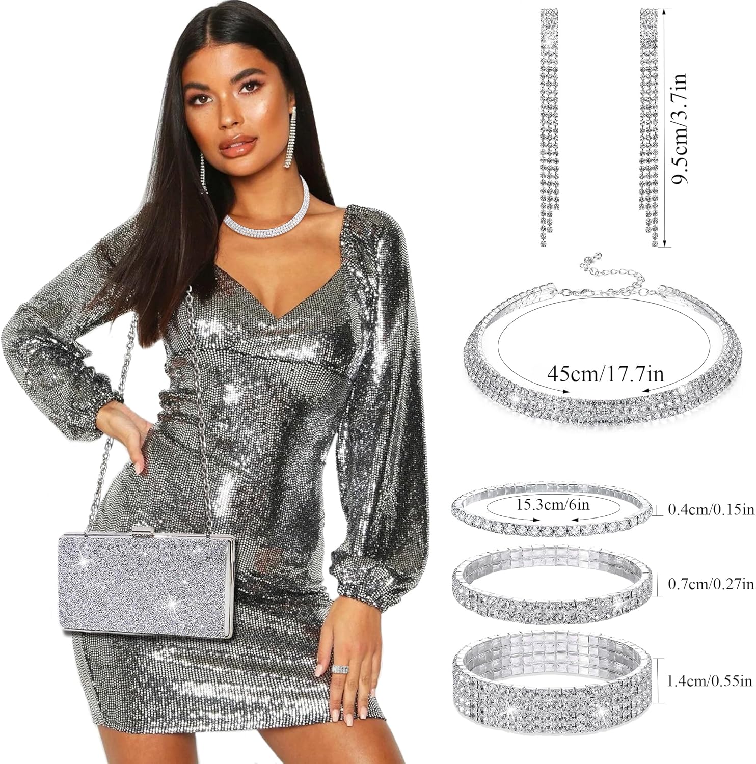 7Pcs Silvery Clutch Purse Jewelry Set for Women Bride Wedding Tennis Stretch Bracelets Ring Earrings Shiny Silvery CZ Accessories Set for Evening Party - Image 3