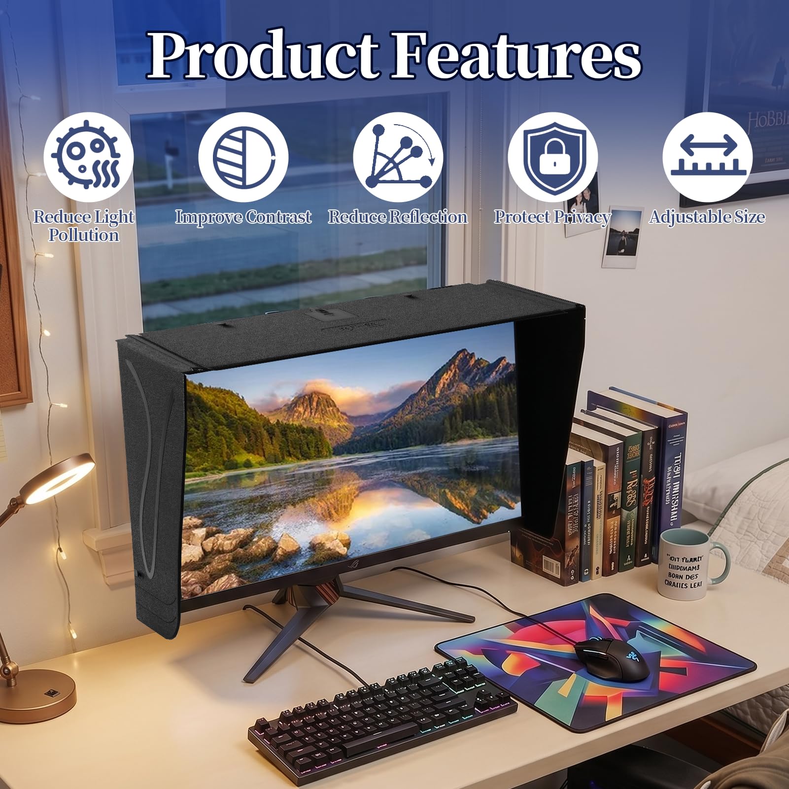 Parasole per Monitor del Computer, 41-69cm Regolabile Parasole per Privacy | Riduce l'inquinamento luminoso, regolabile da 41 a 69 cm, maggiore privacy e ombreggiatura, velluto nero opaco assorbono