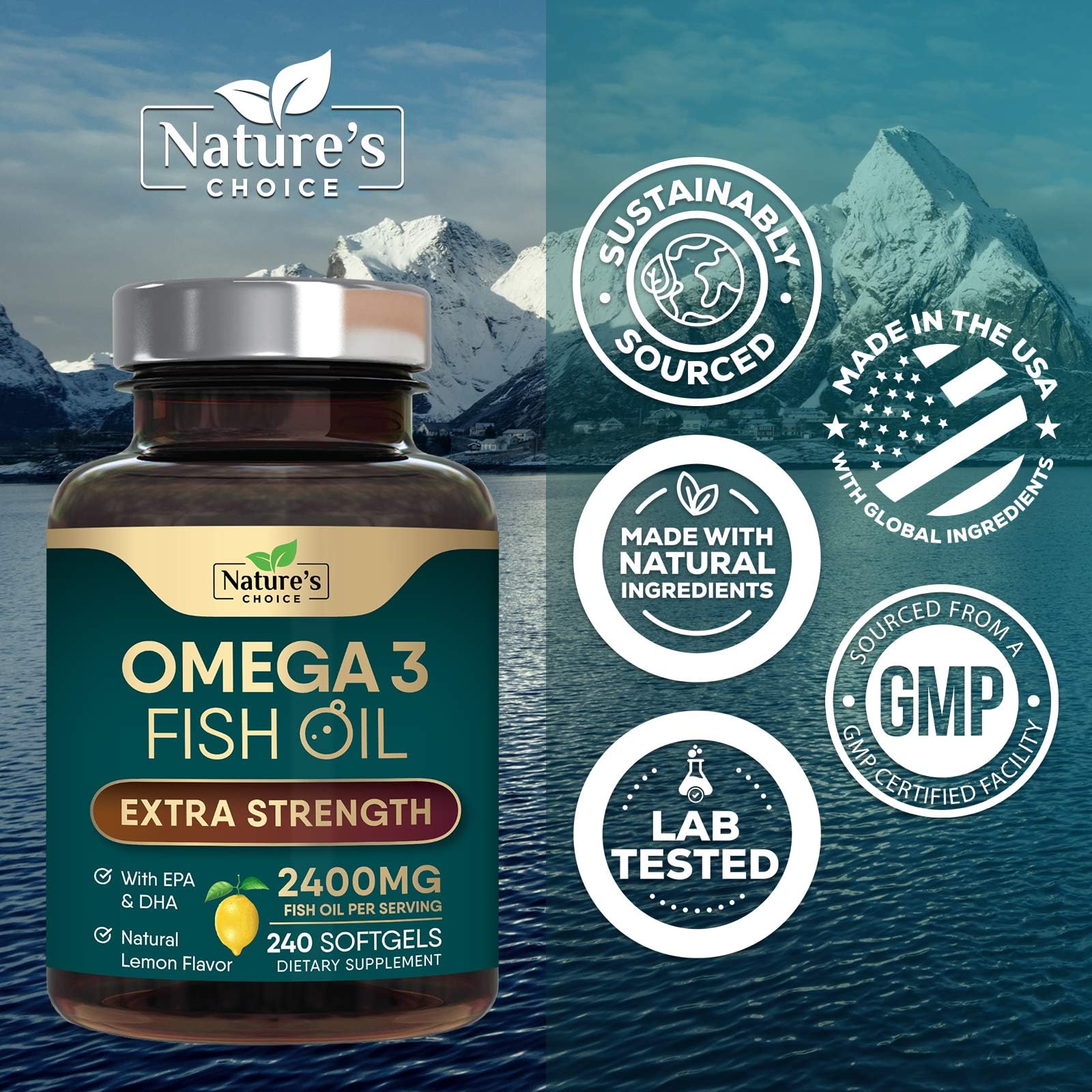 Omega 3 Fish Oil 2400mg - Triple Strength Fish Oil Omega 3 Supplements, Essential Fatty Acids EPA & DHA - Omega-3 for Natural Heart, Brain & Immune Support - Wild Caught, Bottled in USA - 240 Softgels — Amazon image 4