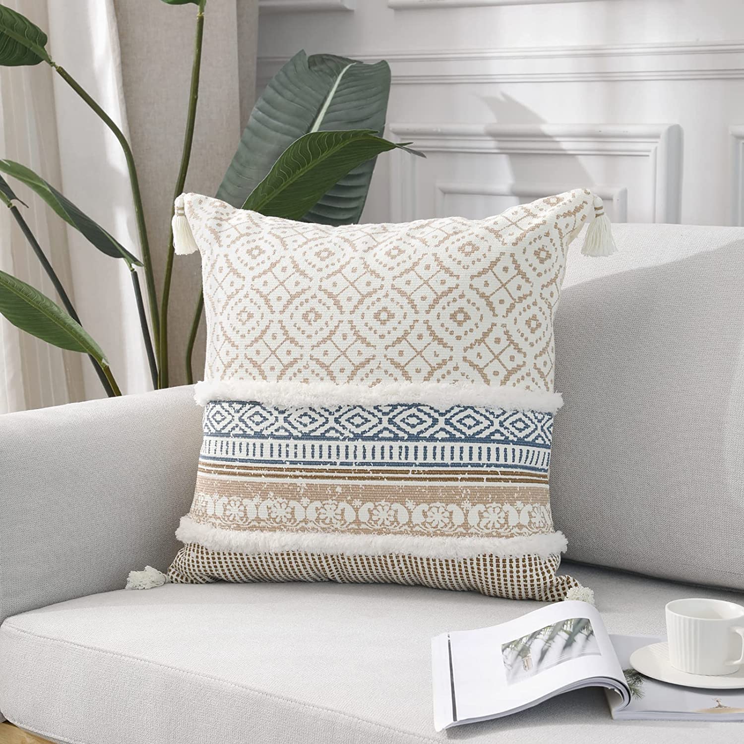 Modern Homes Boho Tufted Decorative Throw Pillow Covers for Couch Sofa - Moroccan Style Cushion Covers with Tassels, Accent Decor Pillow for Bedroom Living Room (Khaki, 16x16 inch)