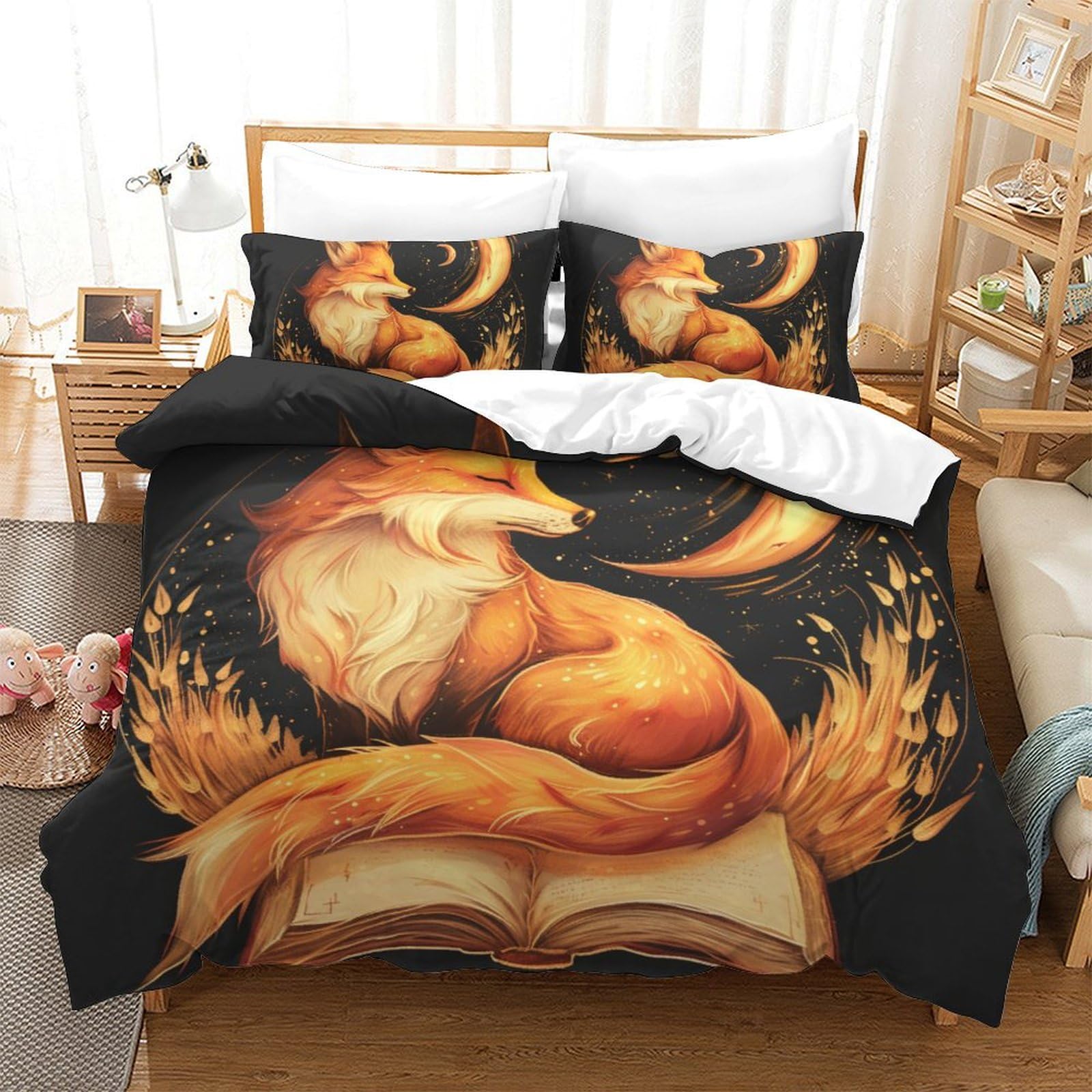 Housse de couette renard pour chambre d'enfant et ado, grand lit 3 pièces