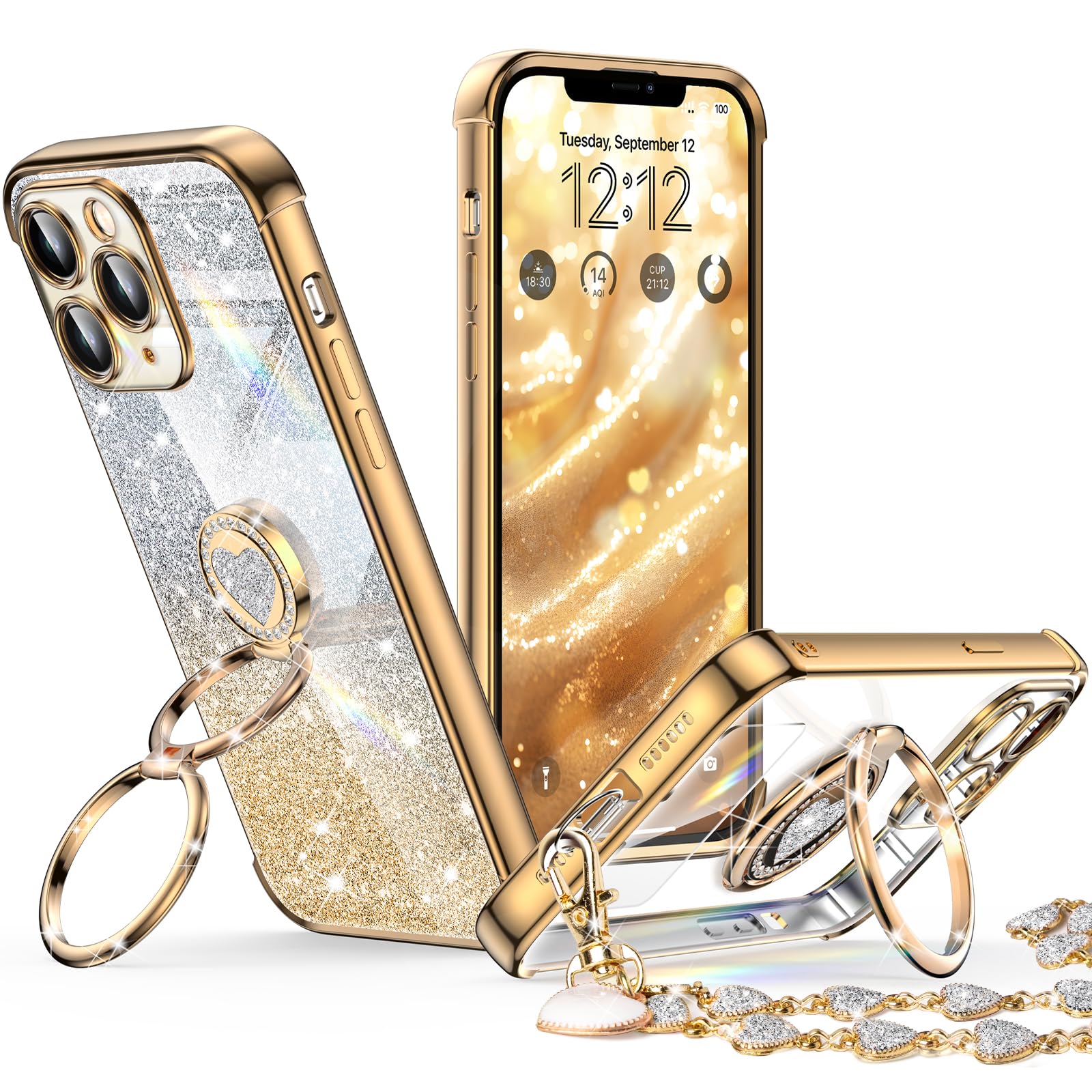 XYZ for iPhone 11 Pro Case with Stand, Phone Case with Double Ring Kickstand, Women Girls Bling Luxury Glitter Clear Phone Case Cover Heart for iPhone 11 Pro, Gold